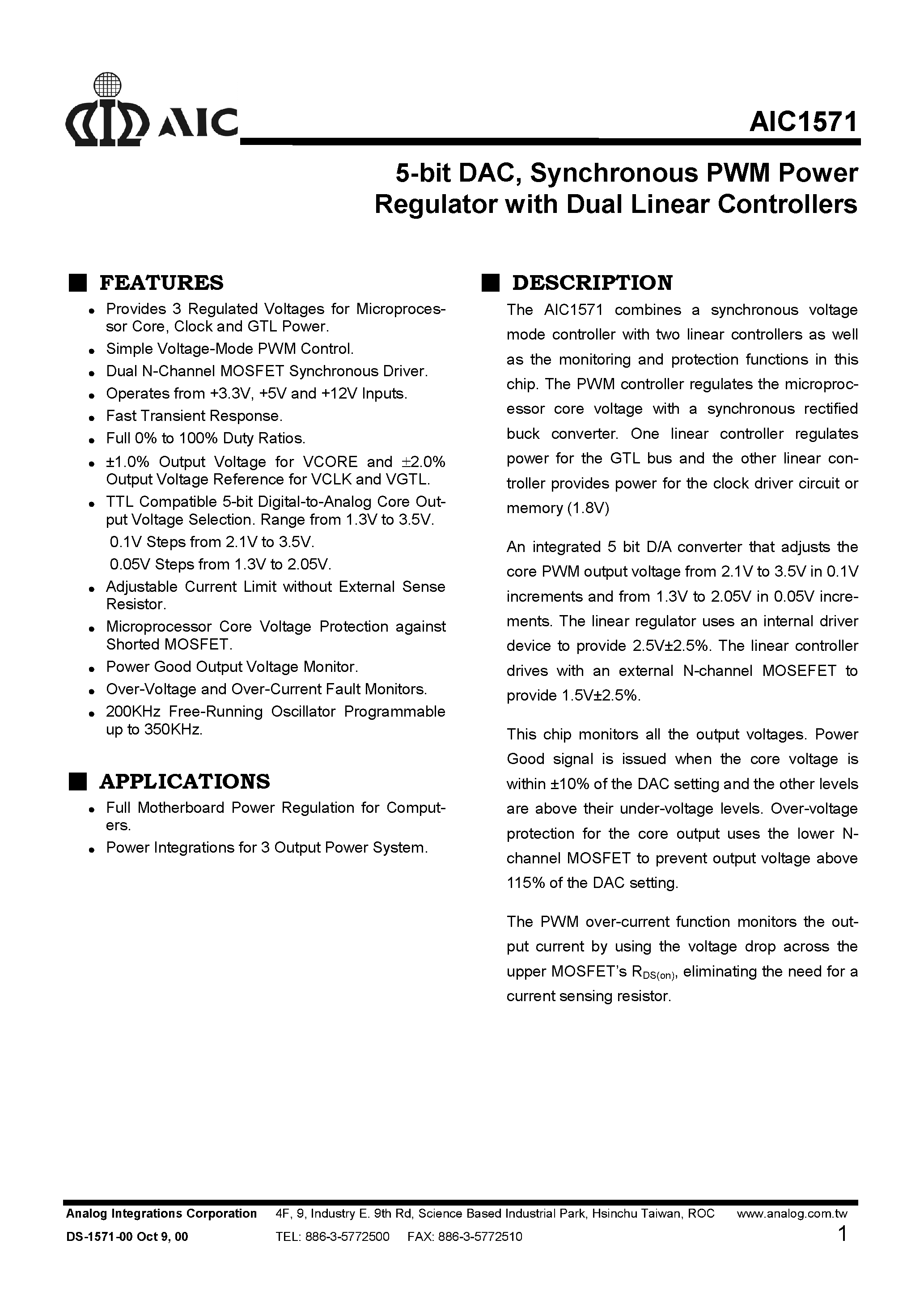 Datasheet AIC1571CS - 5-bit DAC/ Synchronous PWM Power Regulator with Dual Linear Controllers page 1