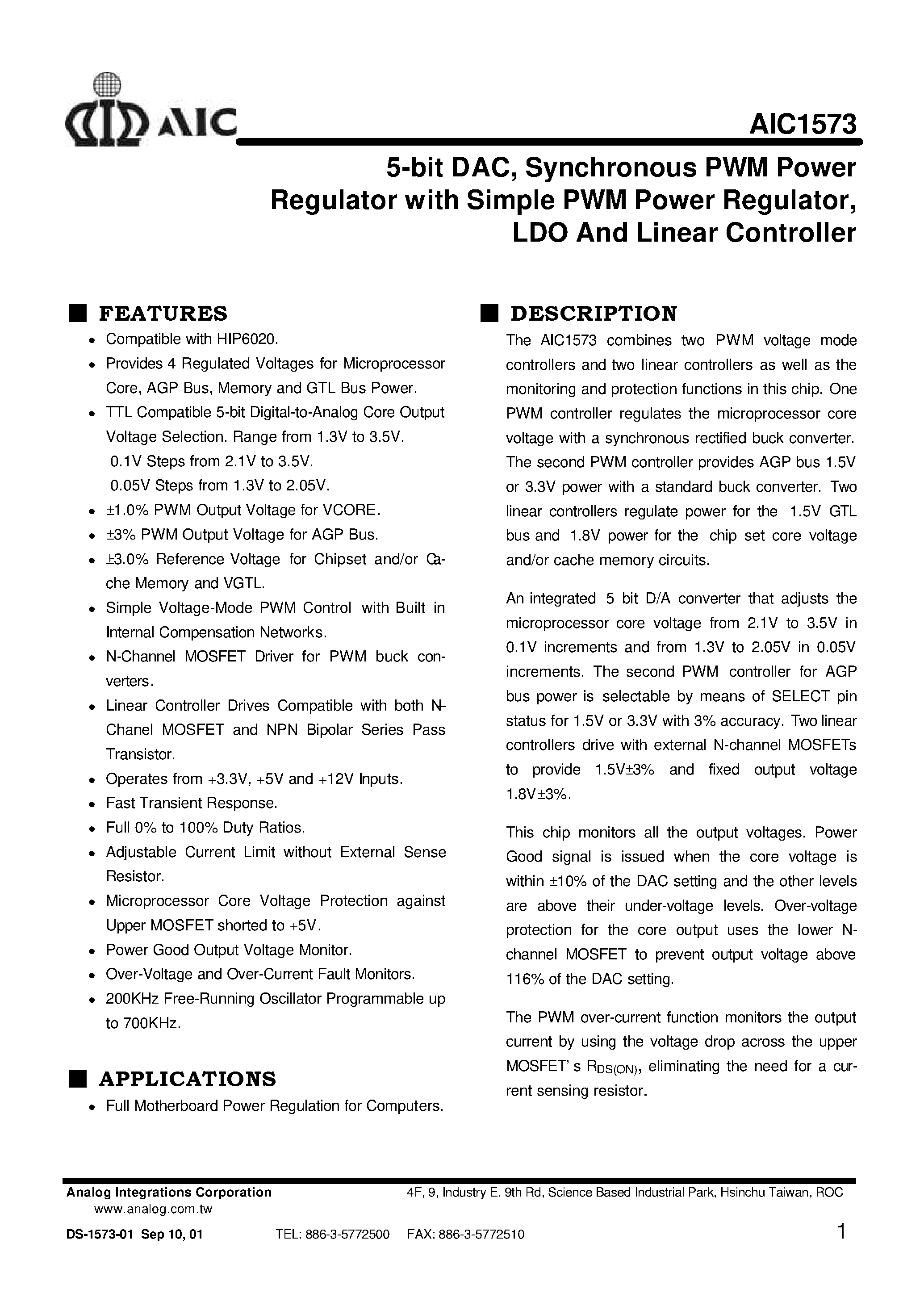 Datasheet AIC1573CS - 5-bit DAC/ Synchronous PWM Power Regulator with Simple PWM Power Regulator/ LDO And Linear Controller page 1