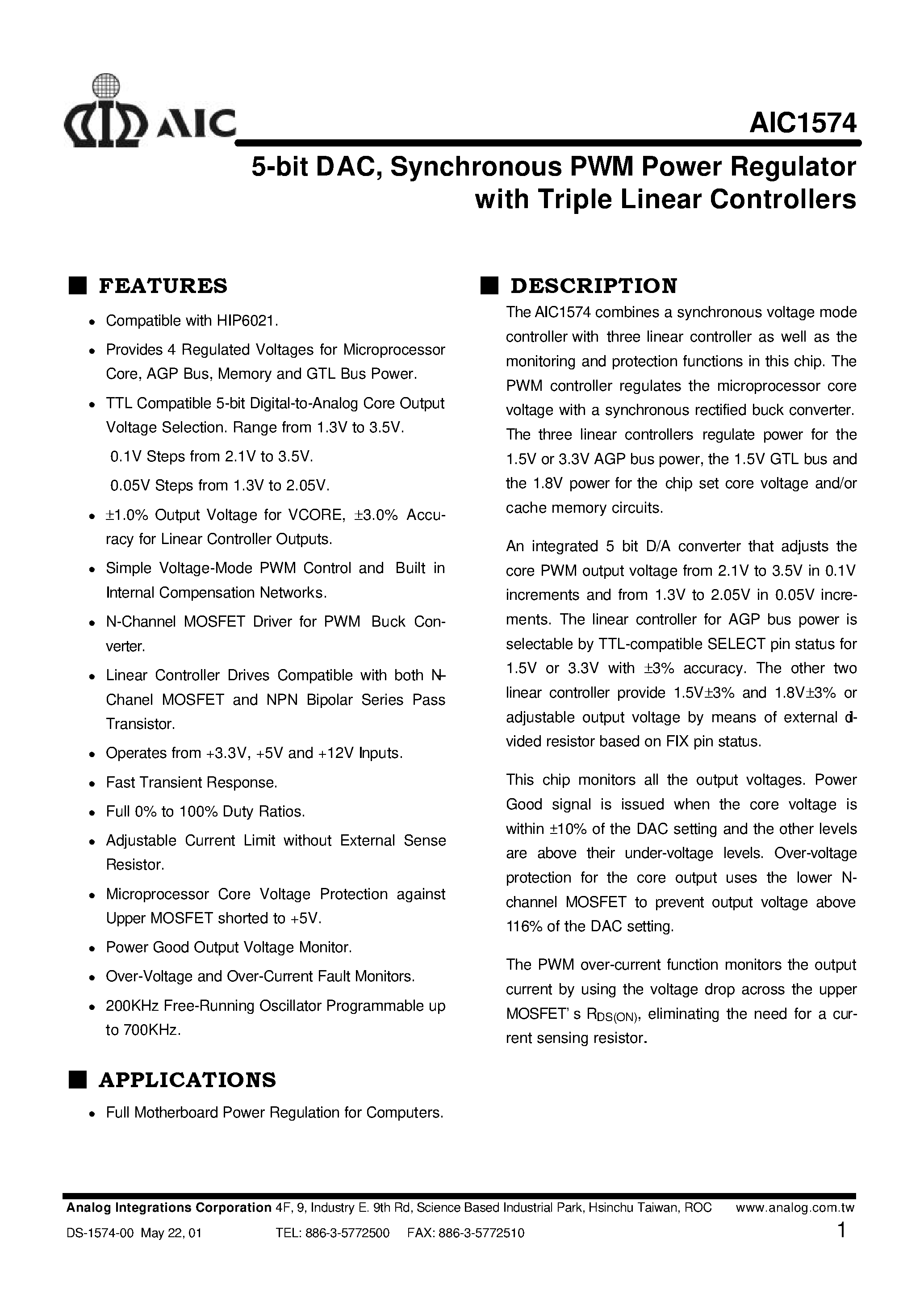 Datasheet AIC1574 - 5-bit DAC/ Synchronous PWM Power Regulator with Triple Linear Controllers page 1