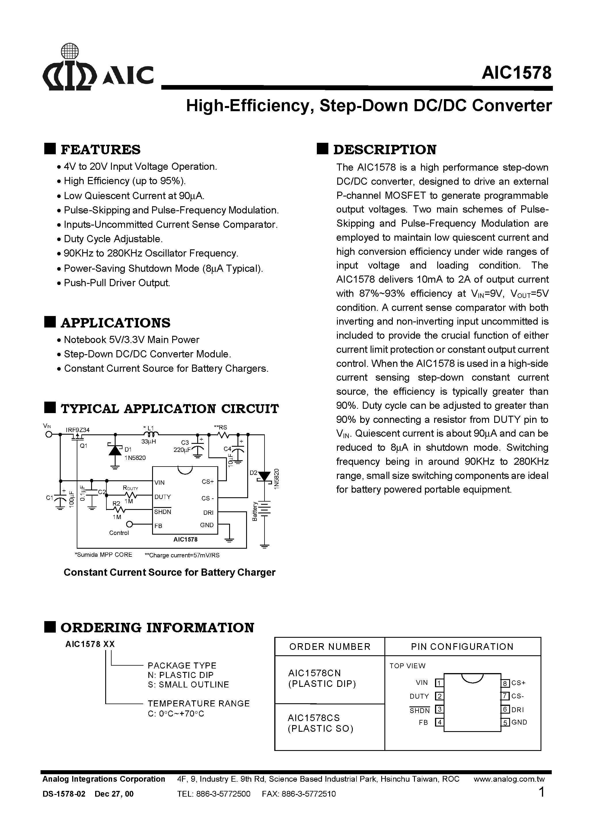 Datasheet AIC1578 - High-Efficiency/ Step-Down DC/DC Converter page 1