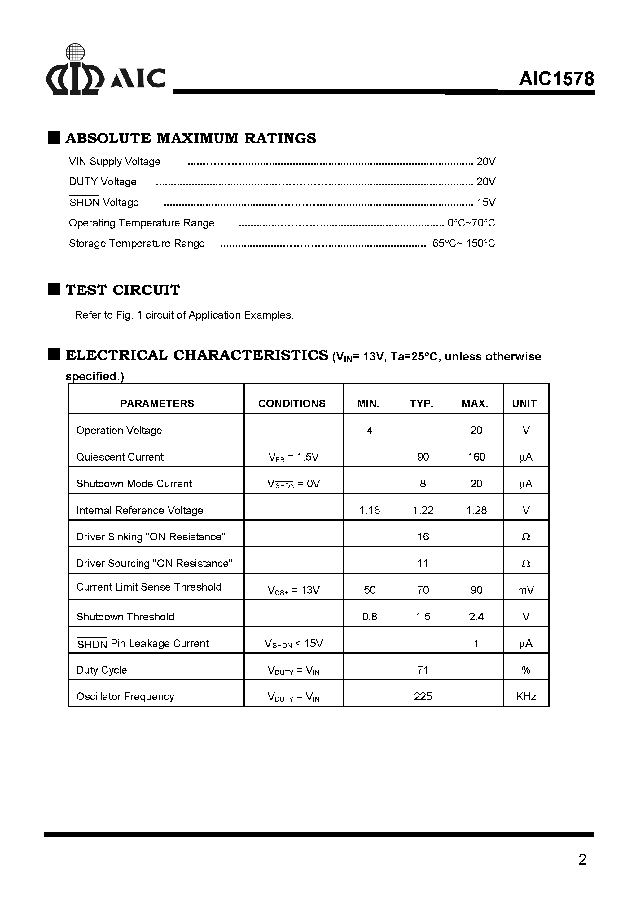 Datasheet AIC1578CN - High-Efficiency/ Step-Down DC/DC Converter page 2