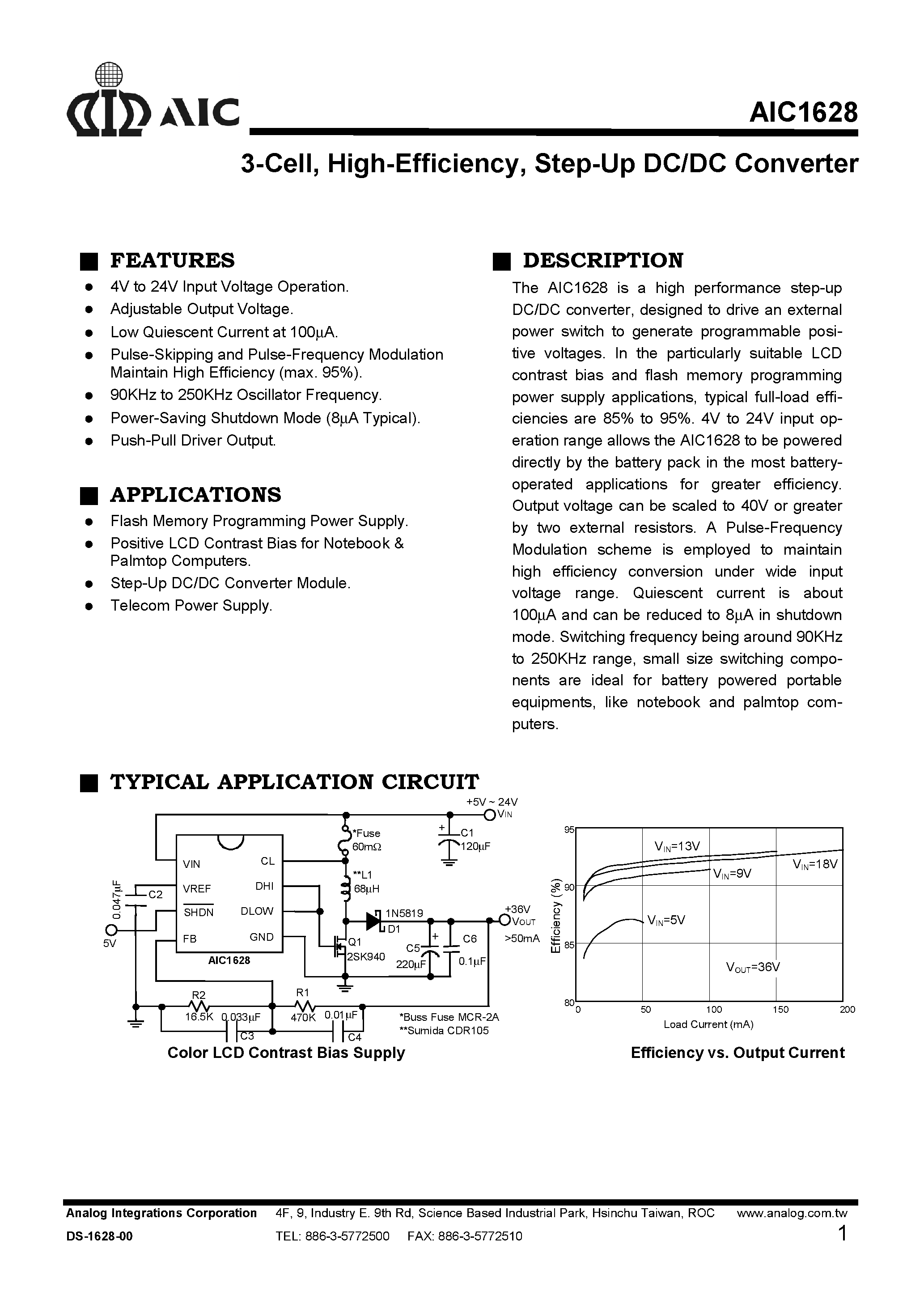 Даташит на микросхему AIC1628CN страница 1 Даташит AIC1628CN - 3-Cell/ High-Efficiency/ Step-Up DC/DC Converter страница 1