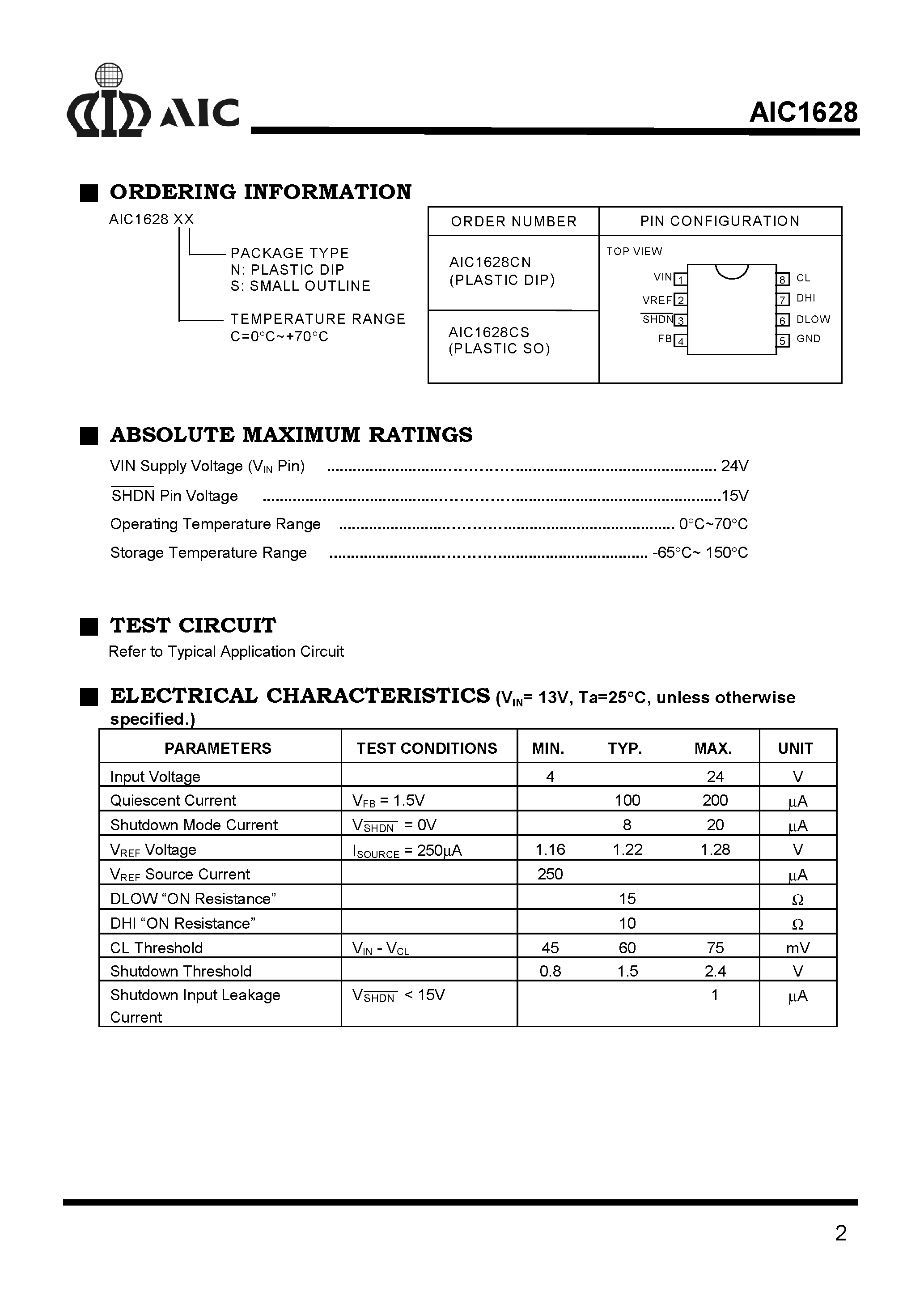 Даташит на микросхему AIC1628CN страница 2 Даташит AIC1628CN - 3-Cell/ High-Efficiency/ Step-Up DC/DC Converter страница 2