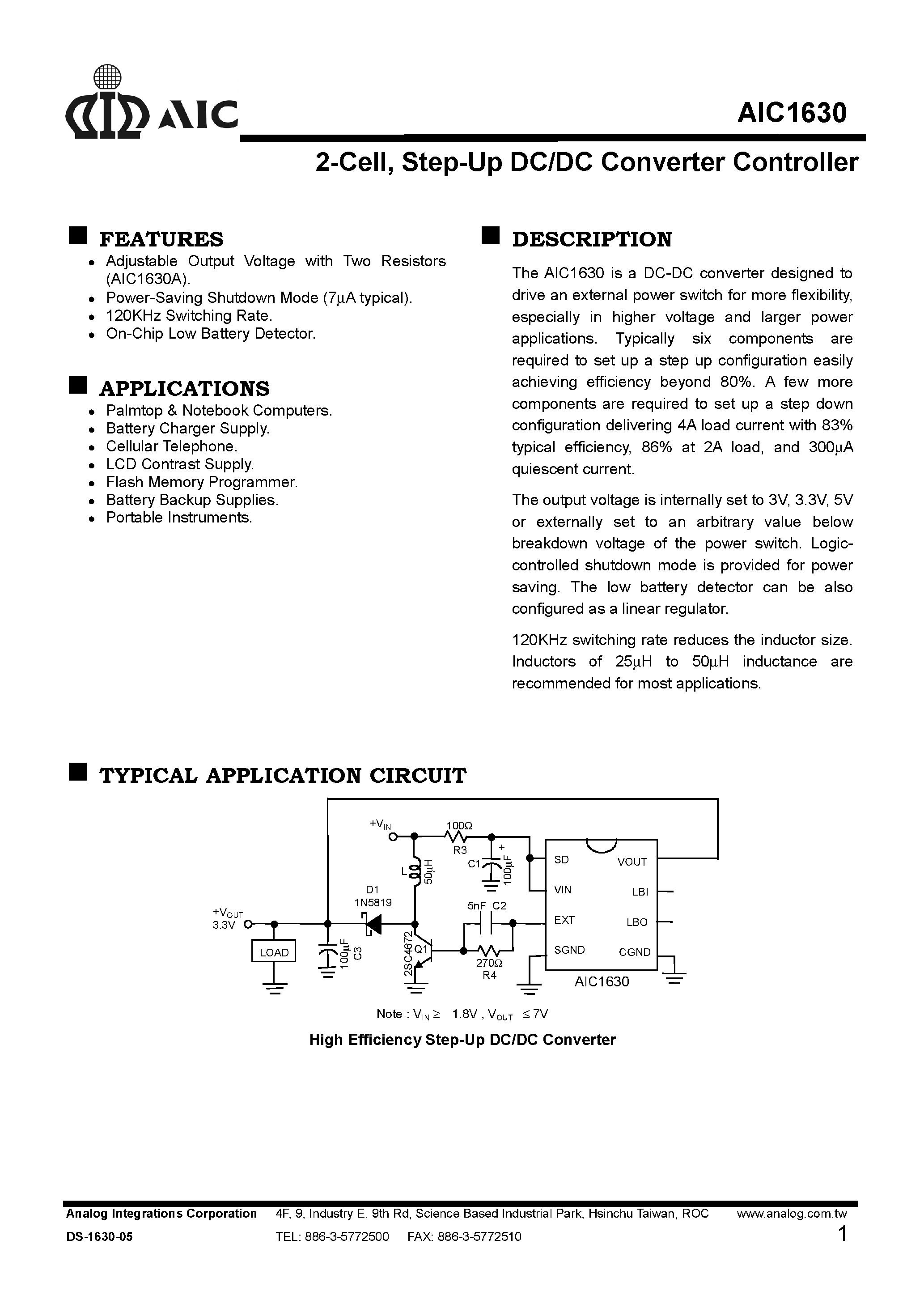 Даташит AIC1630CN - 2-Cell/ Step-Up DC/DC Converter Controller страница 1