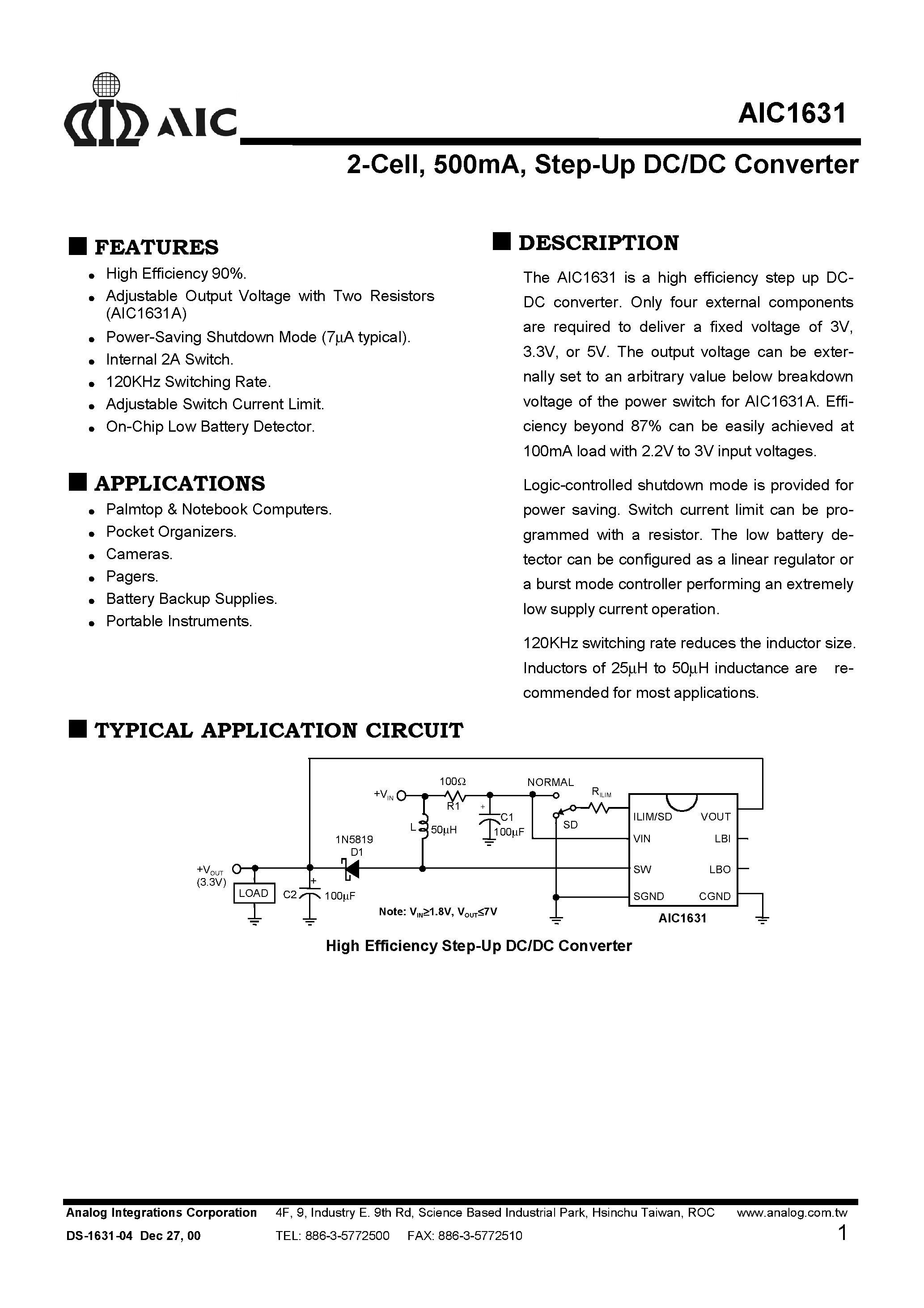 Даташит AIC1631-3CN - 2-Cell/ 500mA/ Step-Up DC/DC Converter страница 1