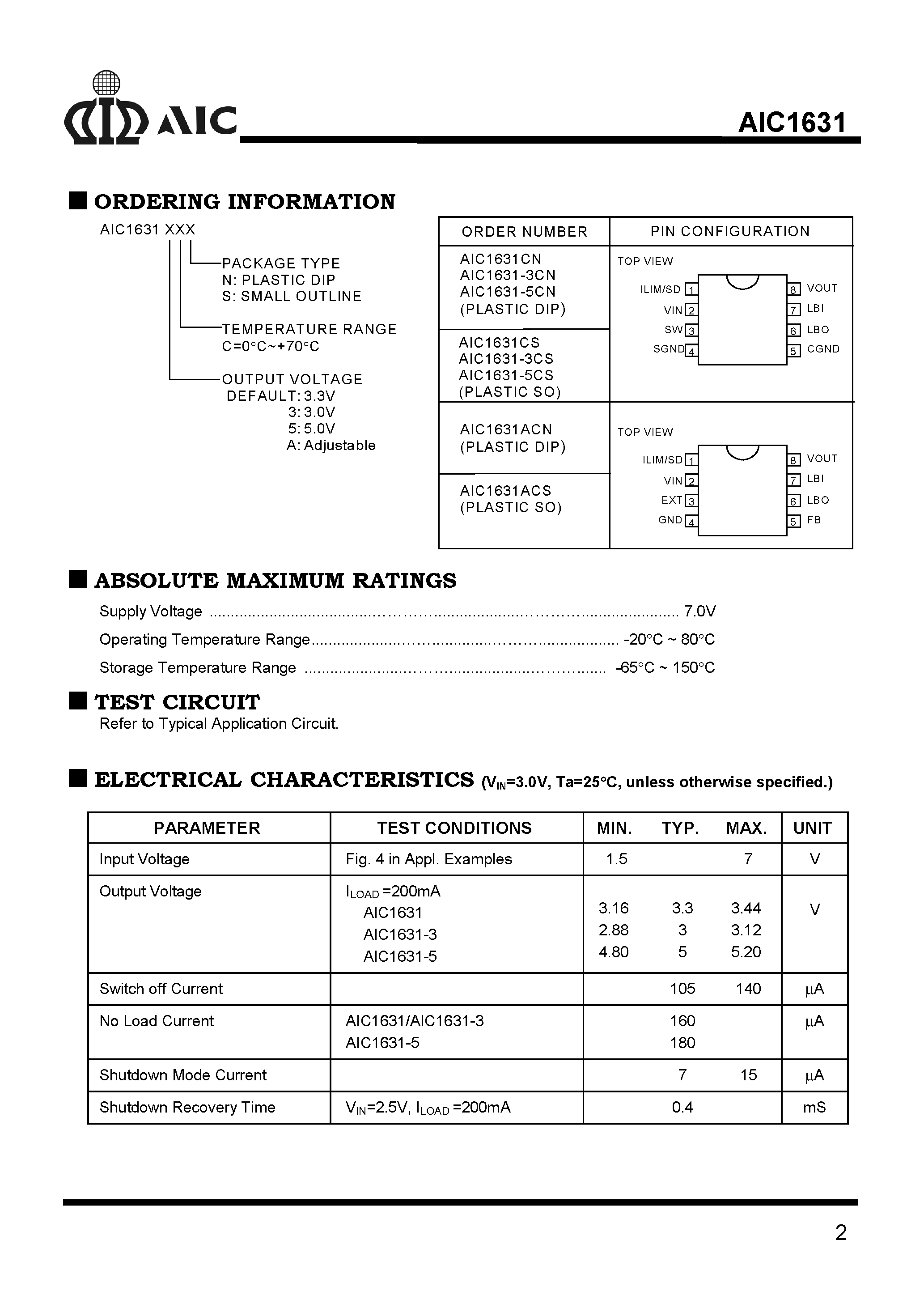 Даташит AIC1631-3CS - 2-Cell/ 500mA/ Step-Up DC/DC Converter страница 2