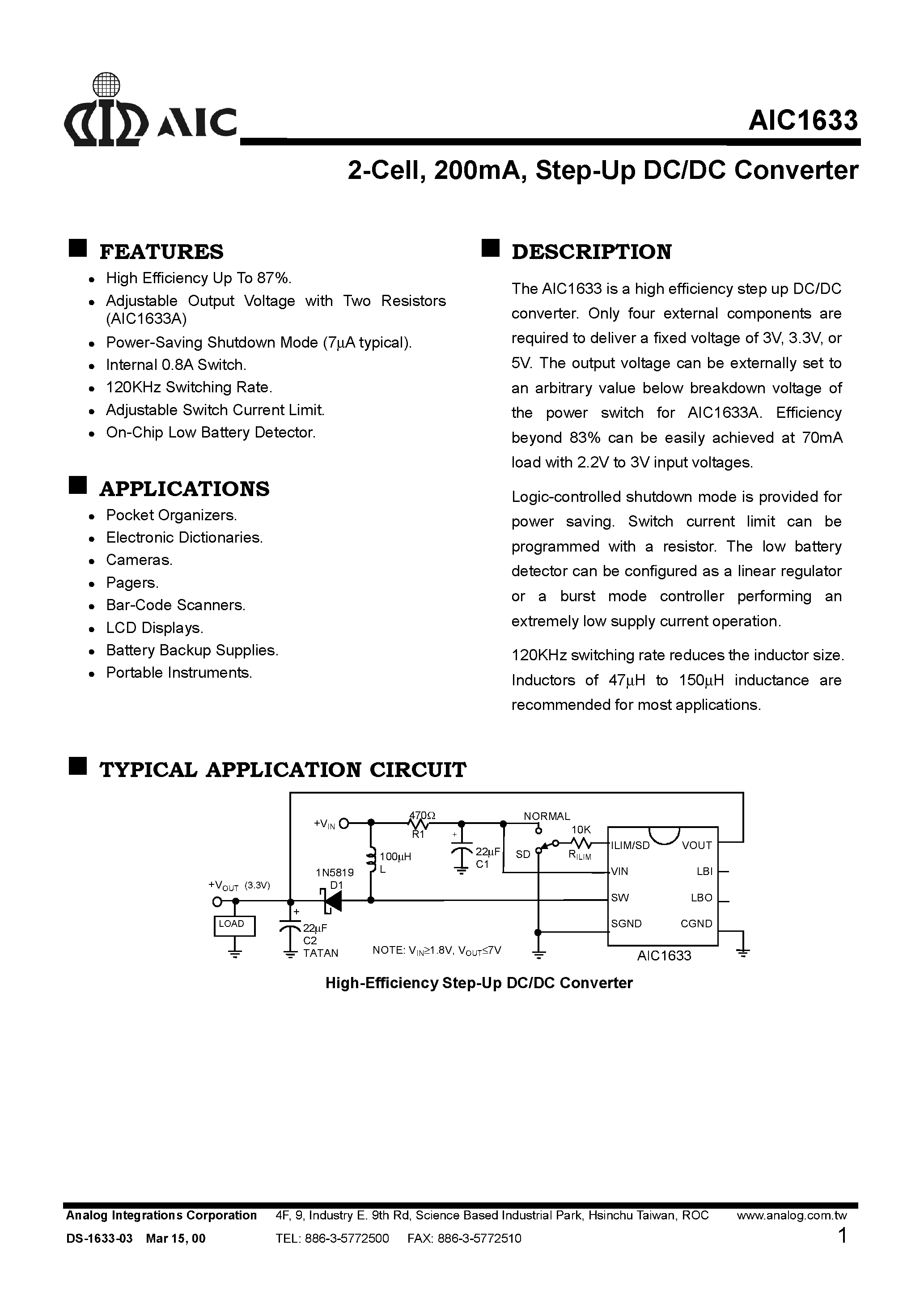 Datasheet AIC1633CS page 1 Datasheet AIC1633CS - 2-Cell/ 200mA/ Step-Up DC/DC Converter page 1