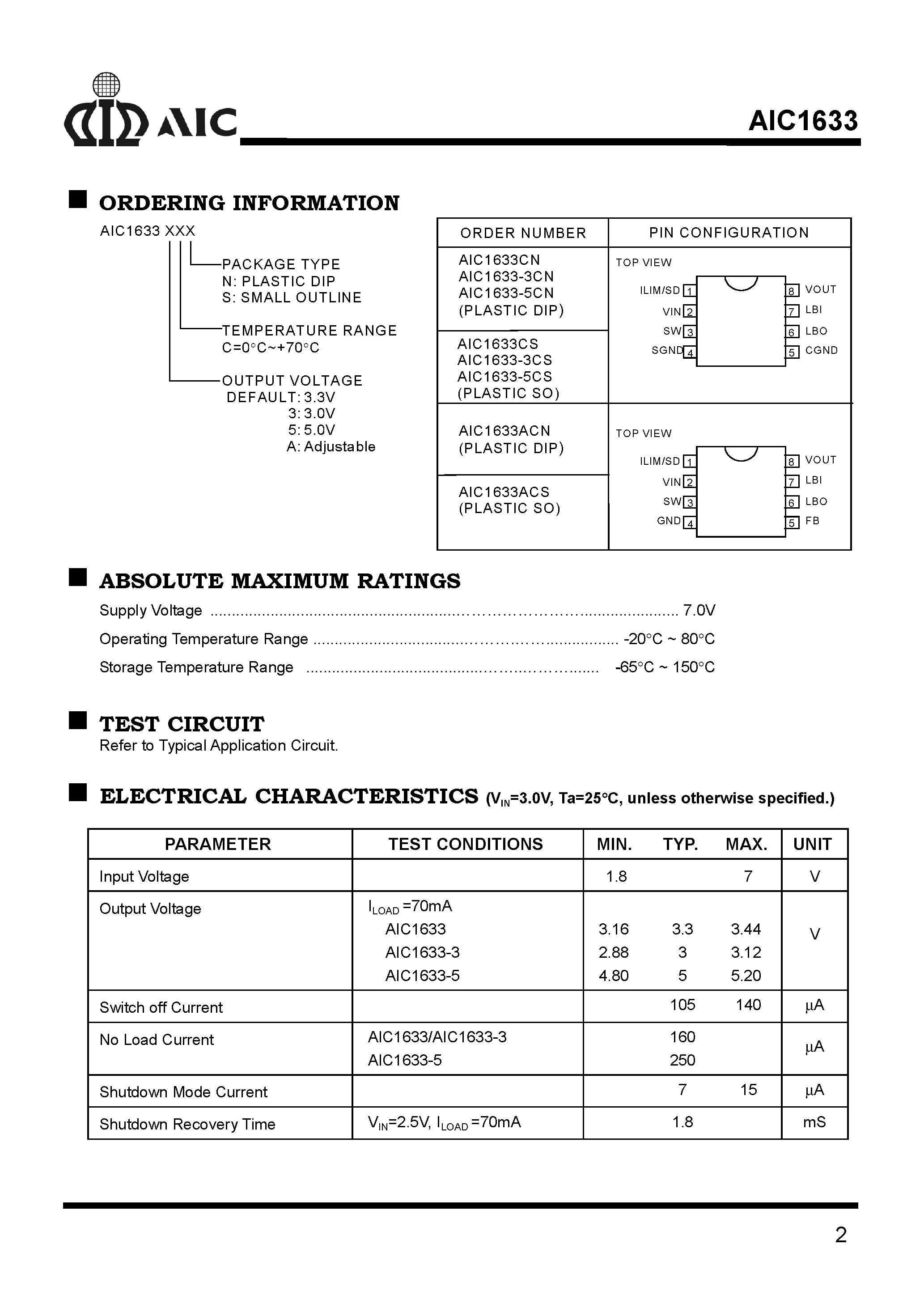 Datasheet AIC1633CS page 2 Datasheet AIC1633CS - 2-Cell/ 200mA/ Step-Up DC/DC Converter page 2
