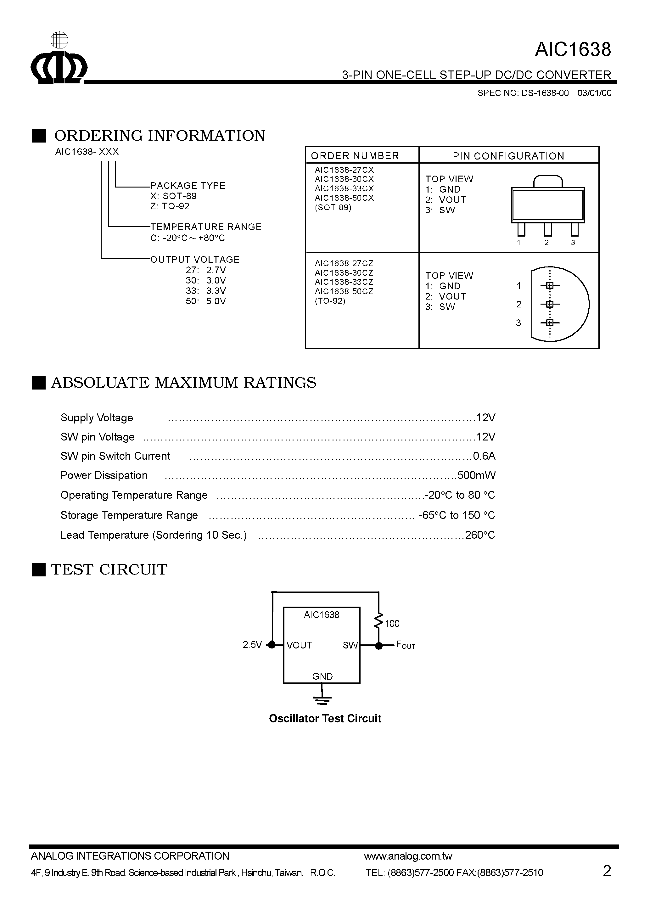 Datasheet AIC1638-30CX - 3-PIN ONE-CELL STEP-UP DC/DC CONVERTER page 2