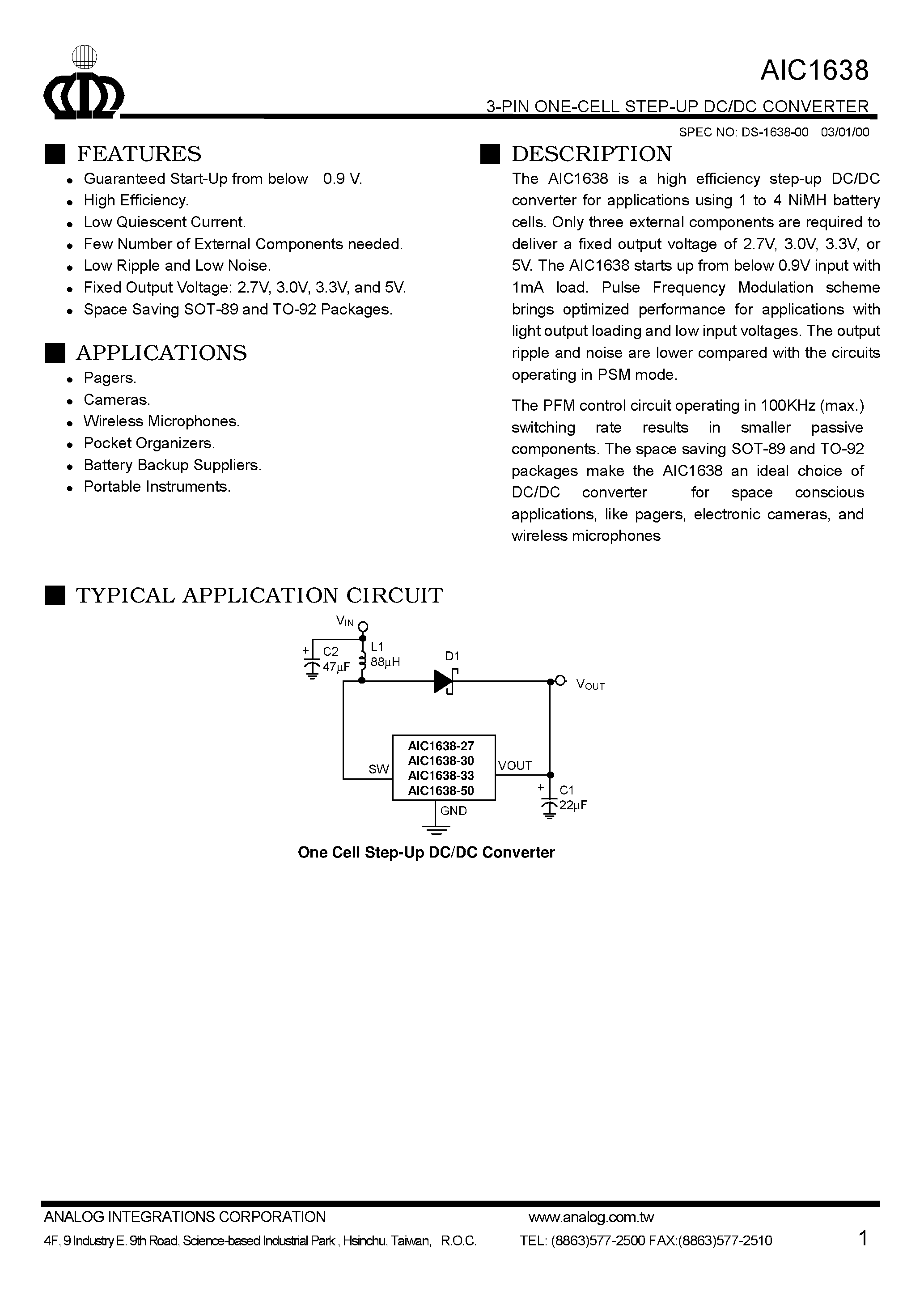 Datasheet AIC1638-50CX - 3-PIN ONE-CELL STEP-UP DC/DC CONVERTER page 1