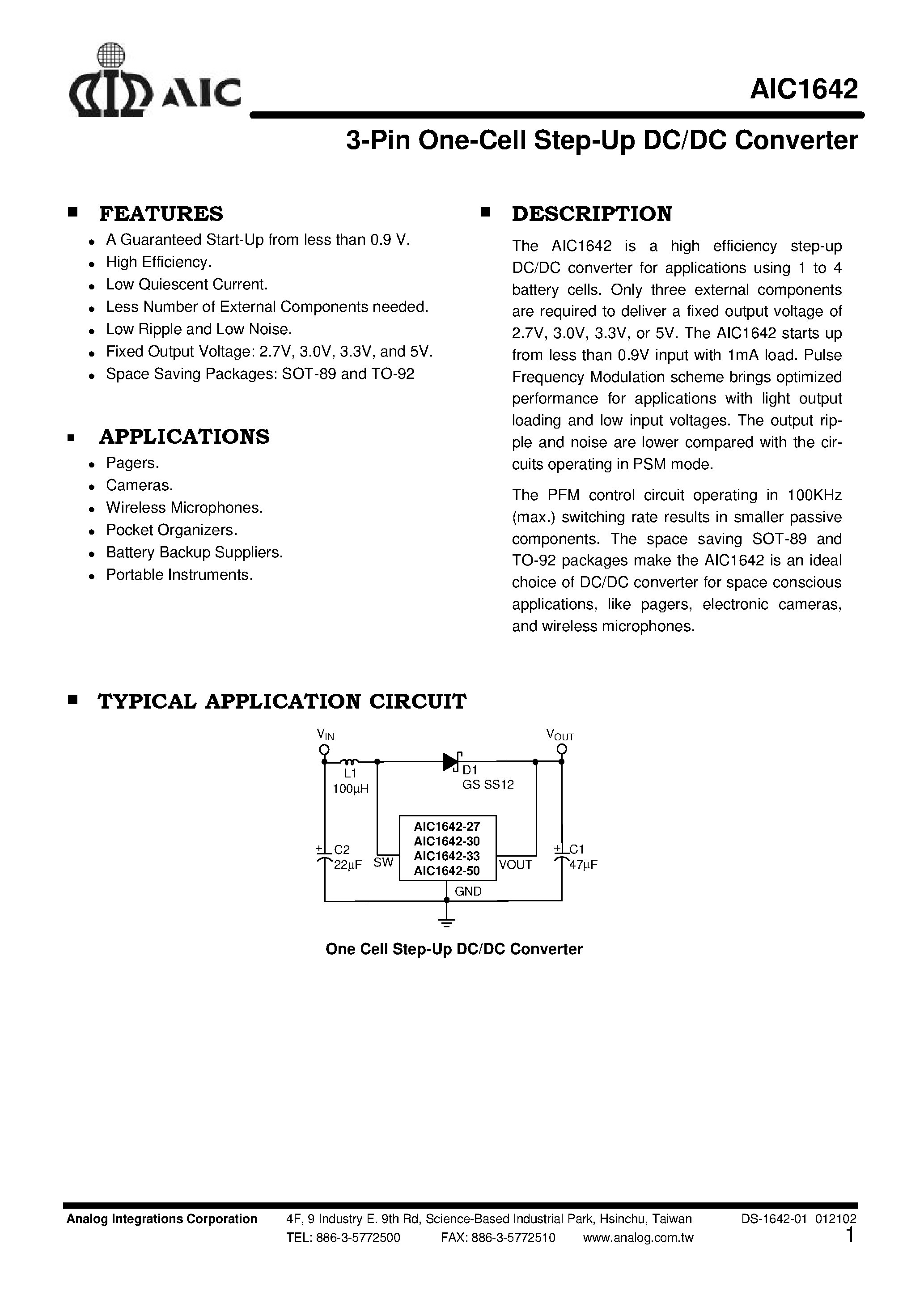 Datasheet AIC164227XTR - 3-Pin One-Cell Step-Up DC/DC Converter page 1