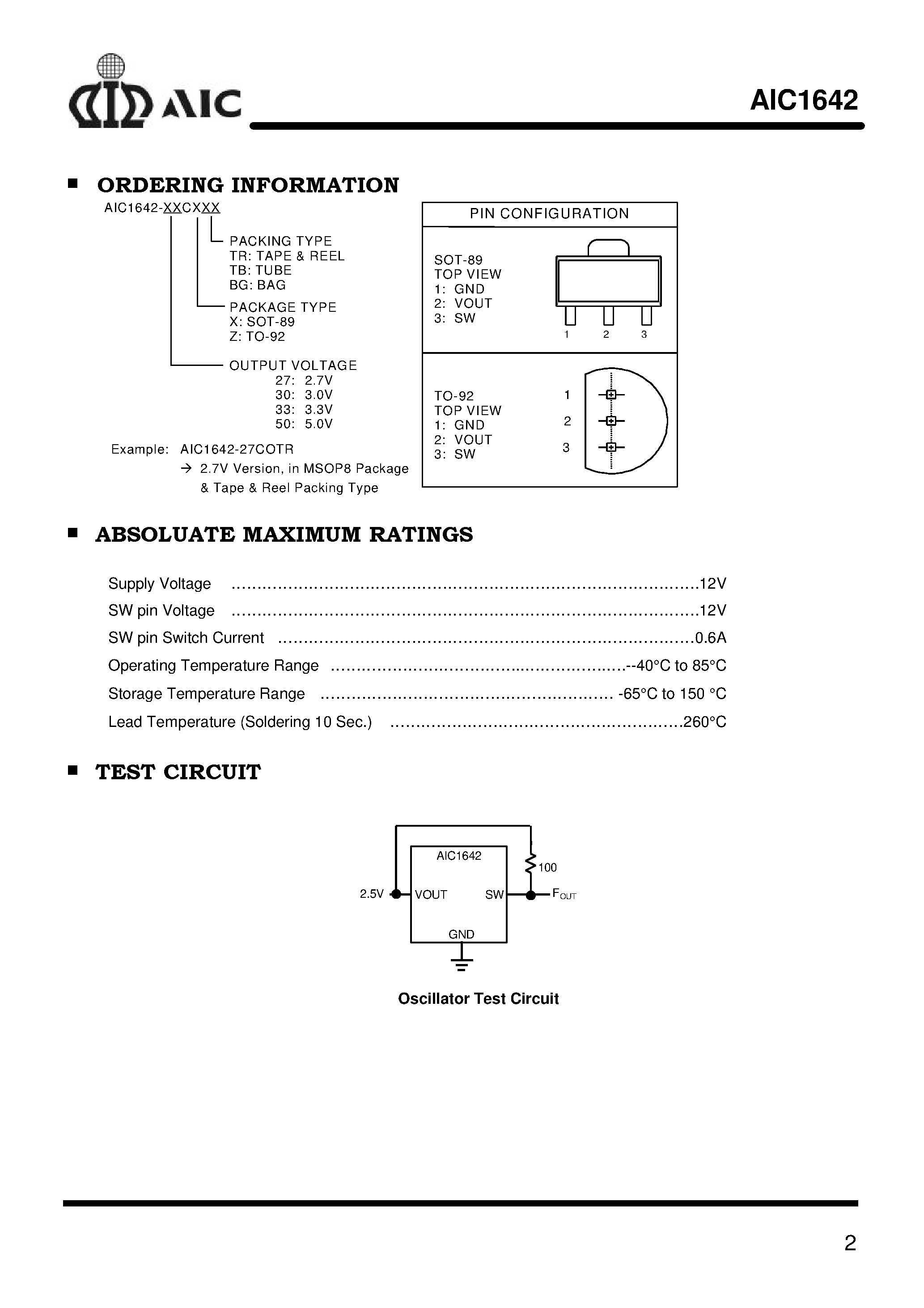 Datasheet AIC164227ZTR - 3-Pin One-Cell Step-Up DC/DC Converter page 2