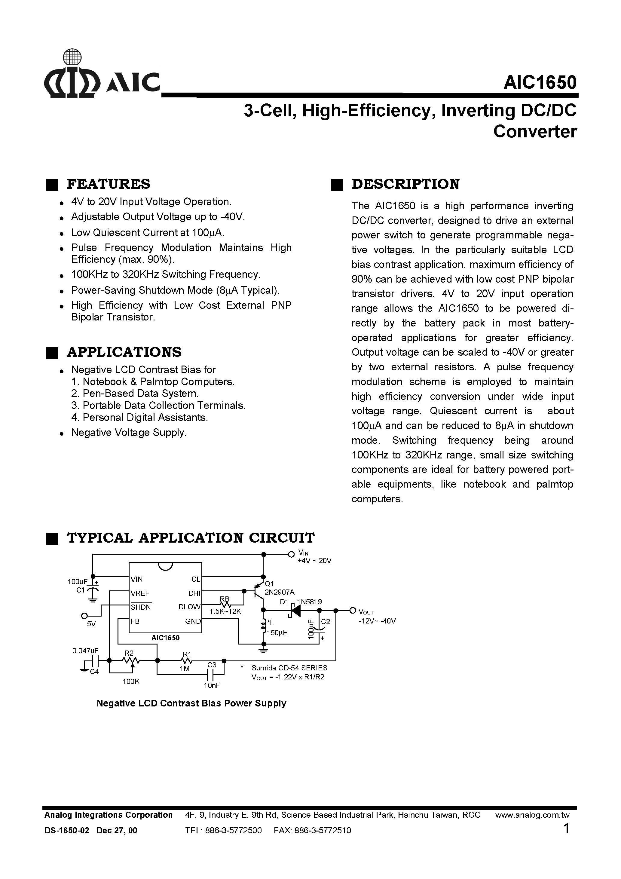 Datasheet AIC1650CS page 1 Datasheet AIC1650CS - 3-Cell/ High-Efficiency/ Inverting DC/DC Converter page 1