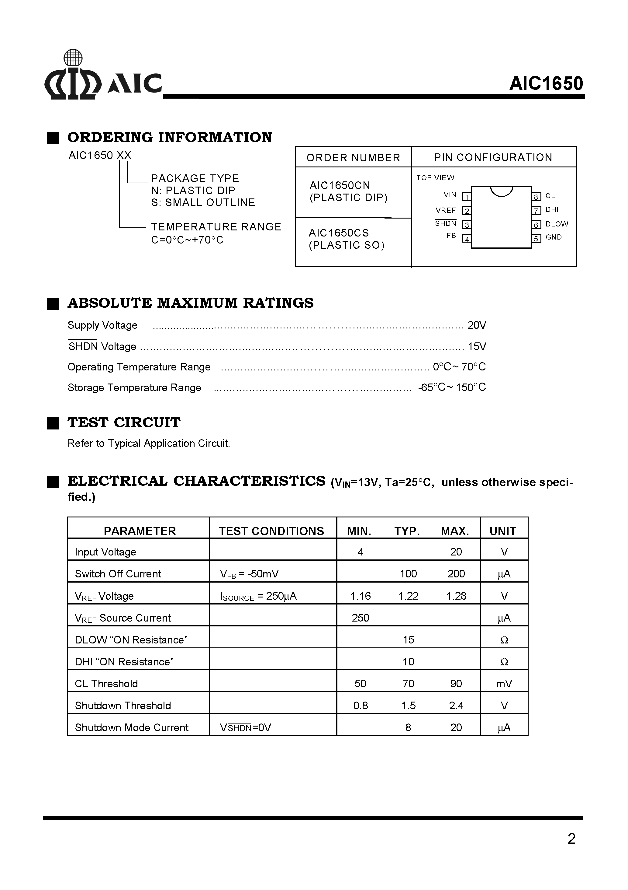 Datasheet AIC1650CS page 2 Datasheet AIC1650CS - 3-Cell/ High-Efficiency/ Inverting DC/DC Converter page 2