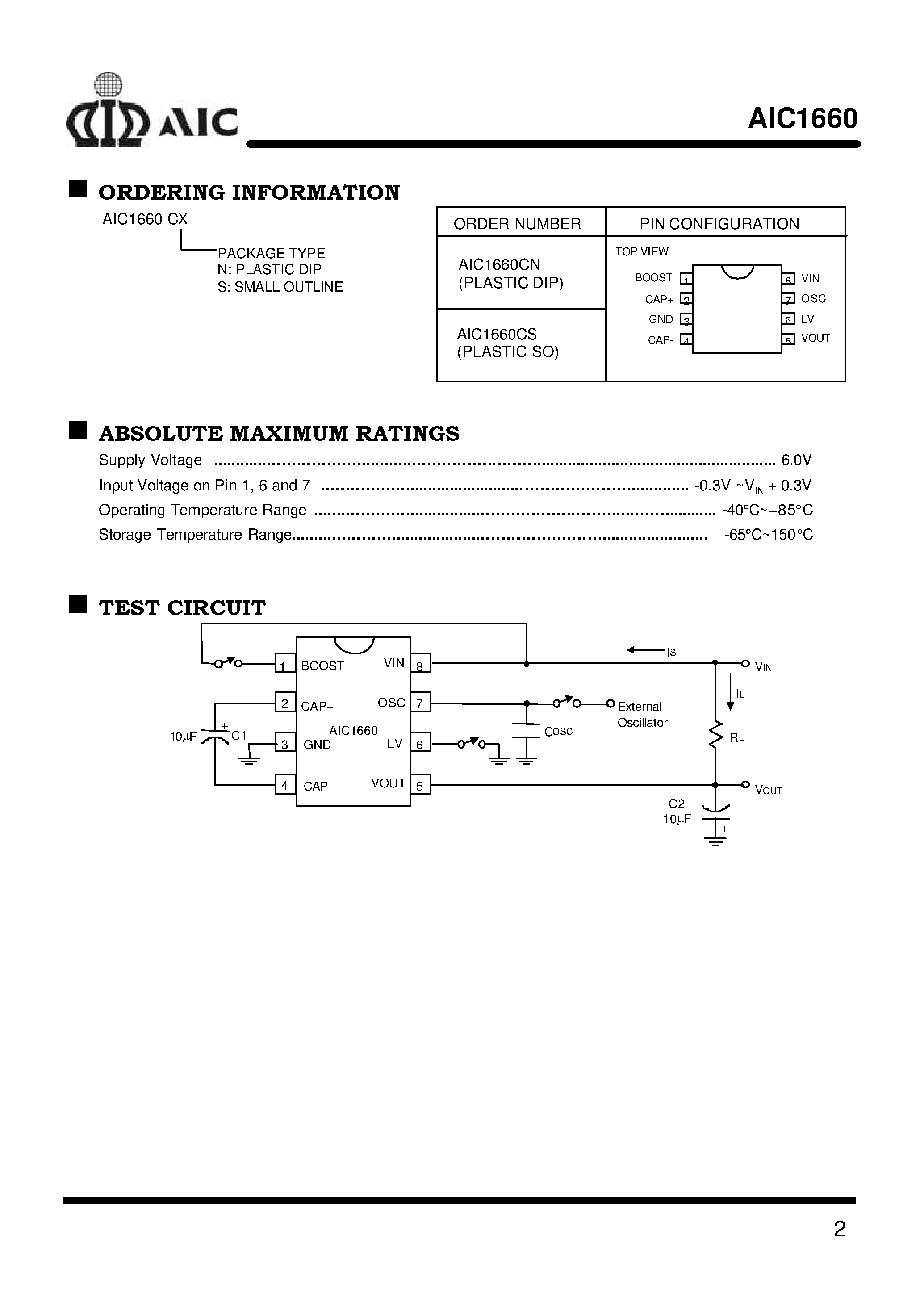 Даташит AIC1660 - Switched-Capacitor Voltage Converter страница 2