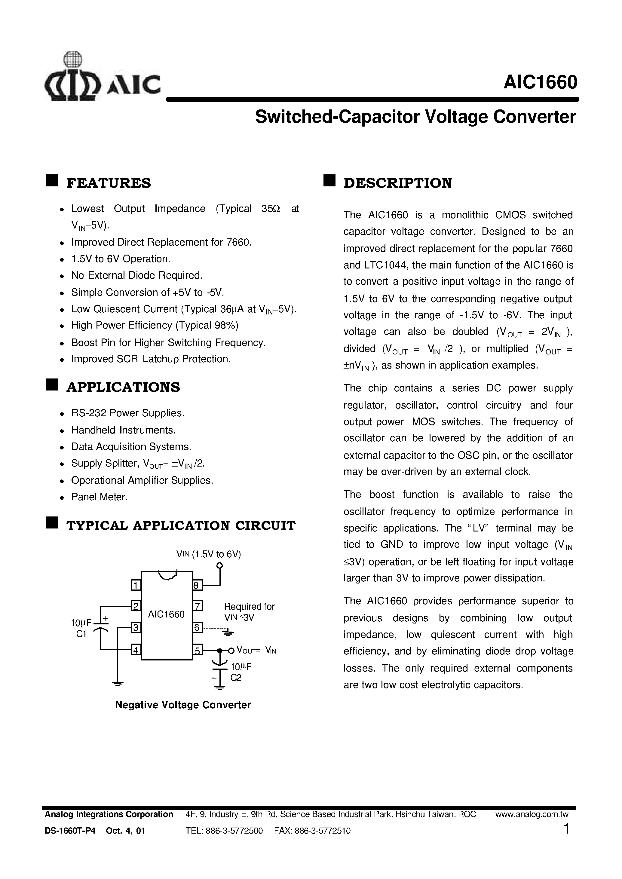 Даташит AIC1660CN - Switched-Capacitor Voltage Converter страница 1
