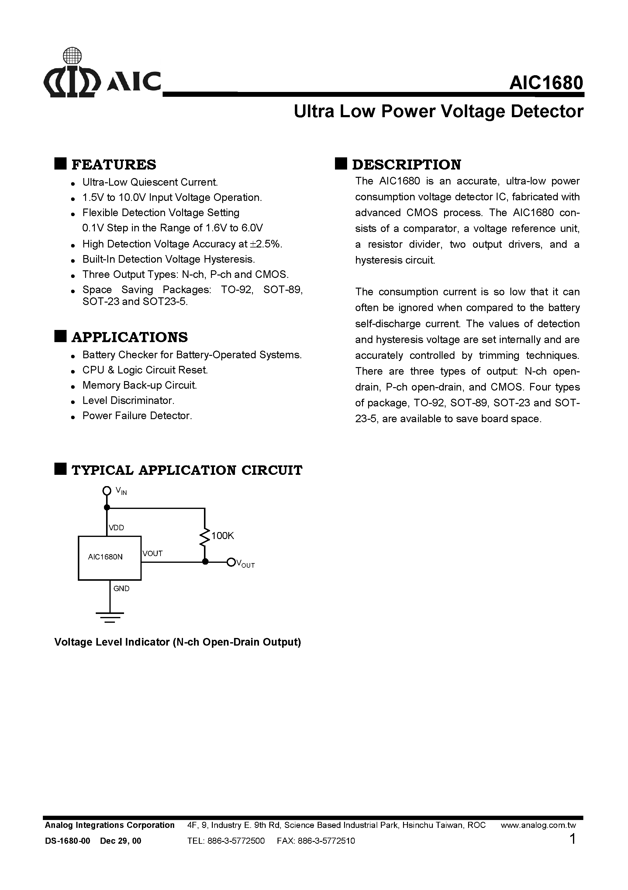 Даташит на микросхему AIC1680-C16CV страница 1 Даташит AIC1680-C16CV - Ultra Low Power Voltage Detector страница 1