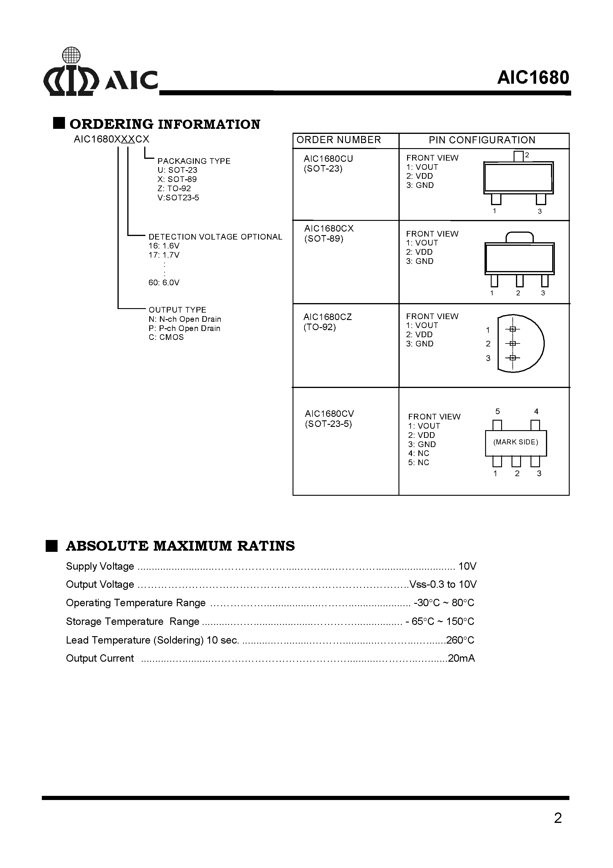 Даташит на микросхему AIC1680-C16CV страница 2 Даташит AIC1680-C16CV - Ultra Low Power Voltage Detector страница 2