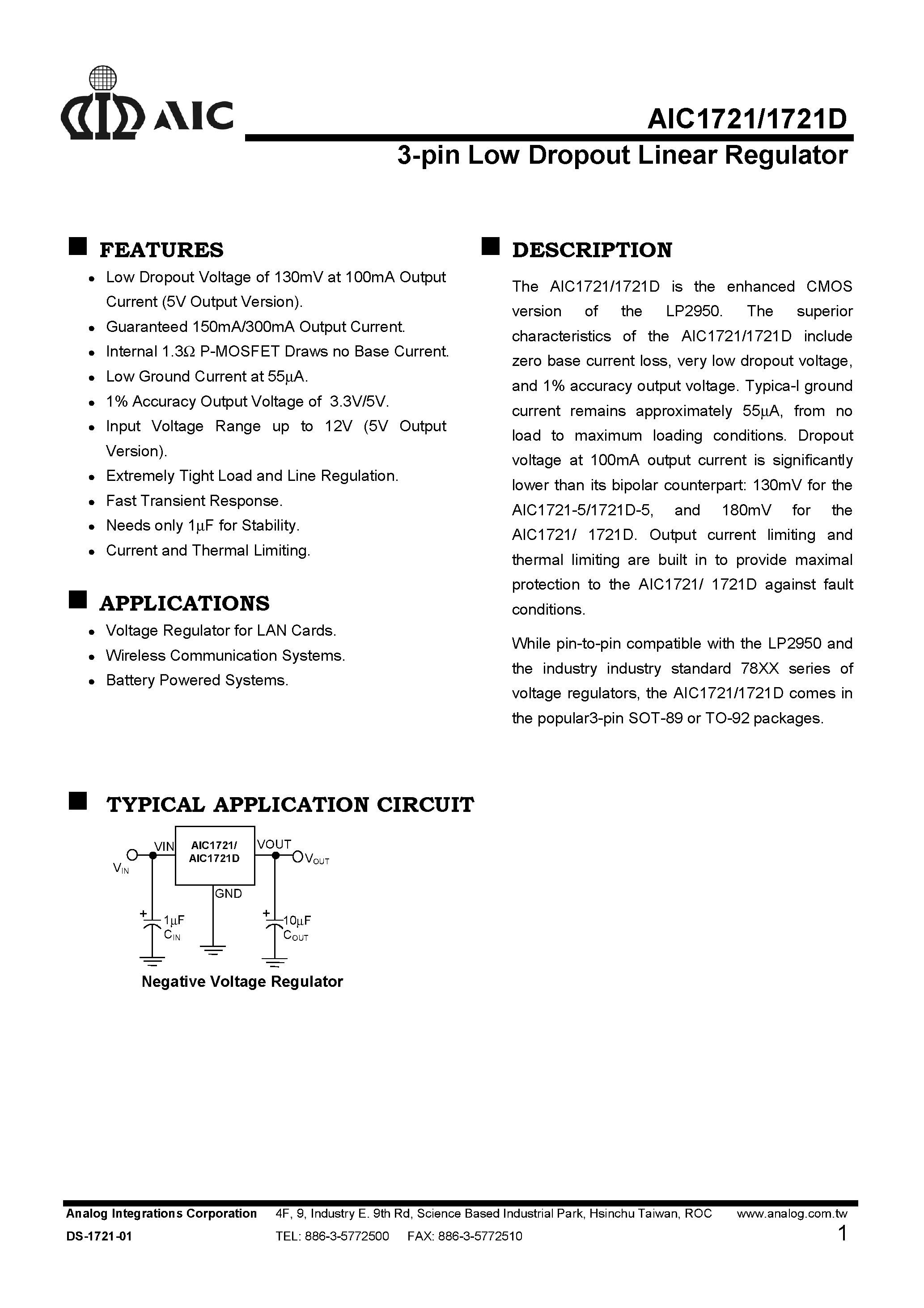 Datasheet AIC1721 - 3-pin Low Dropout Linear Regulator page 1