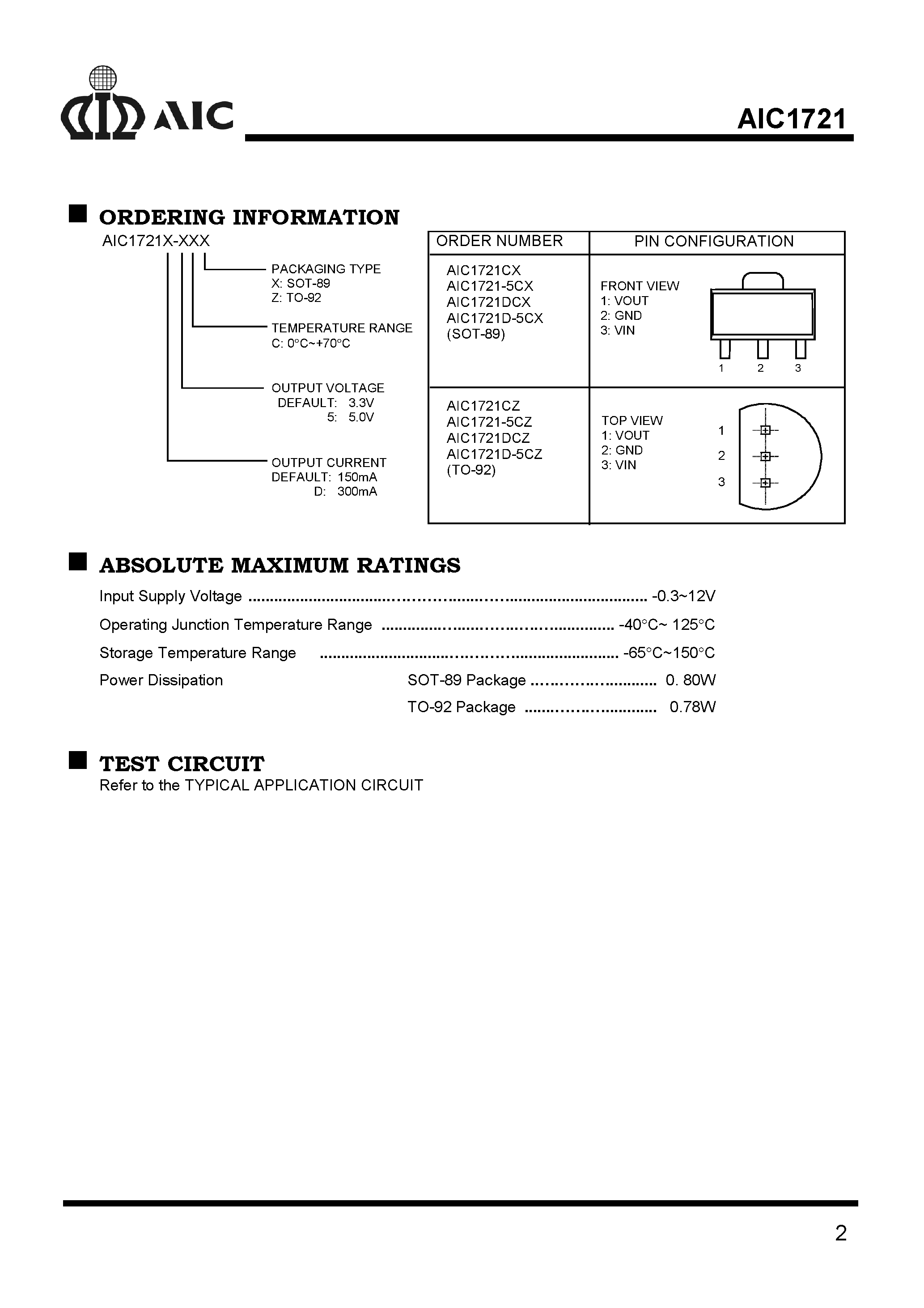 Datasheet AIC1721D-5CZ - 3-pin Low Dropout Linear Regulator page 2