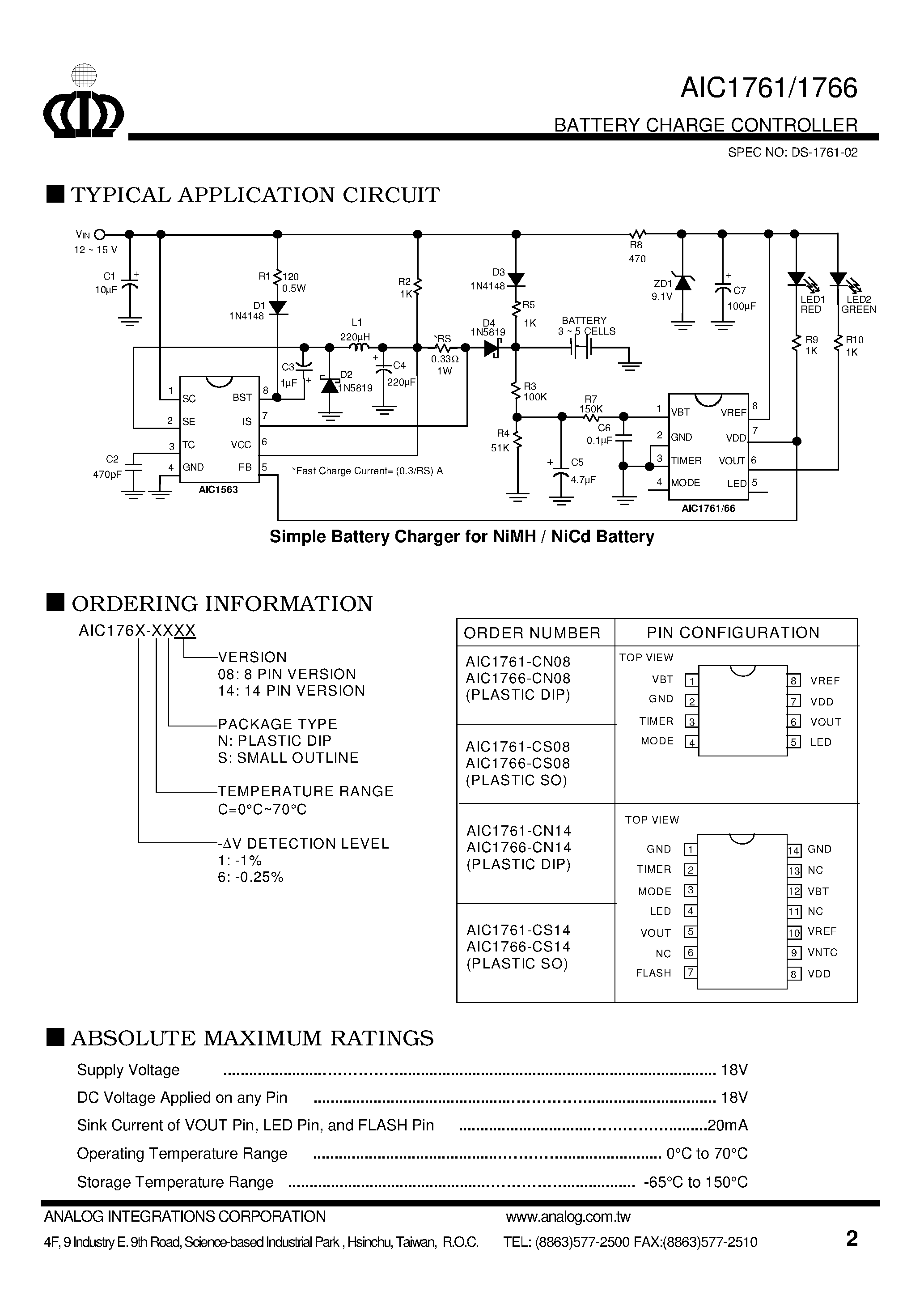 Datasheet AIC1761-CS14 - BATTERY CHARGE CONTROLLER page 2