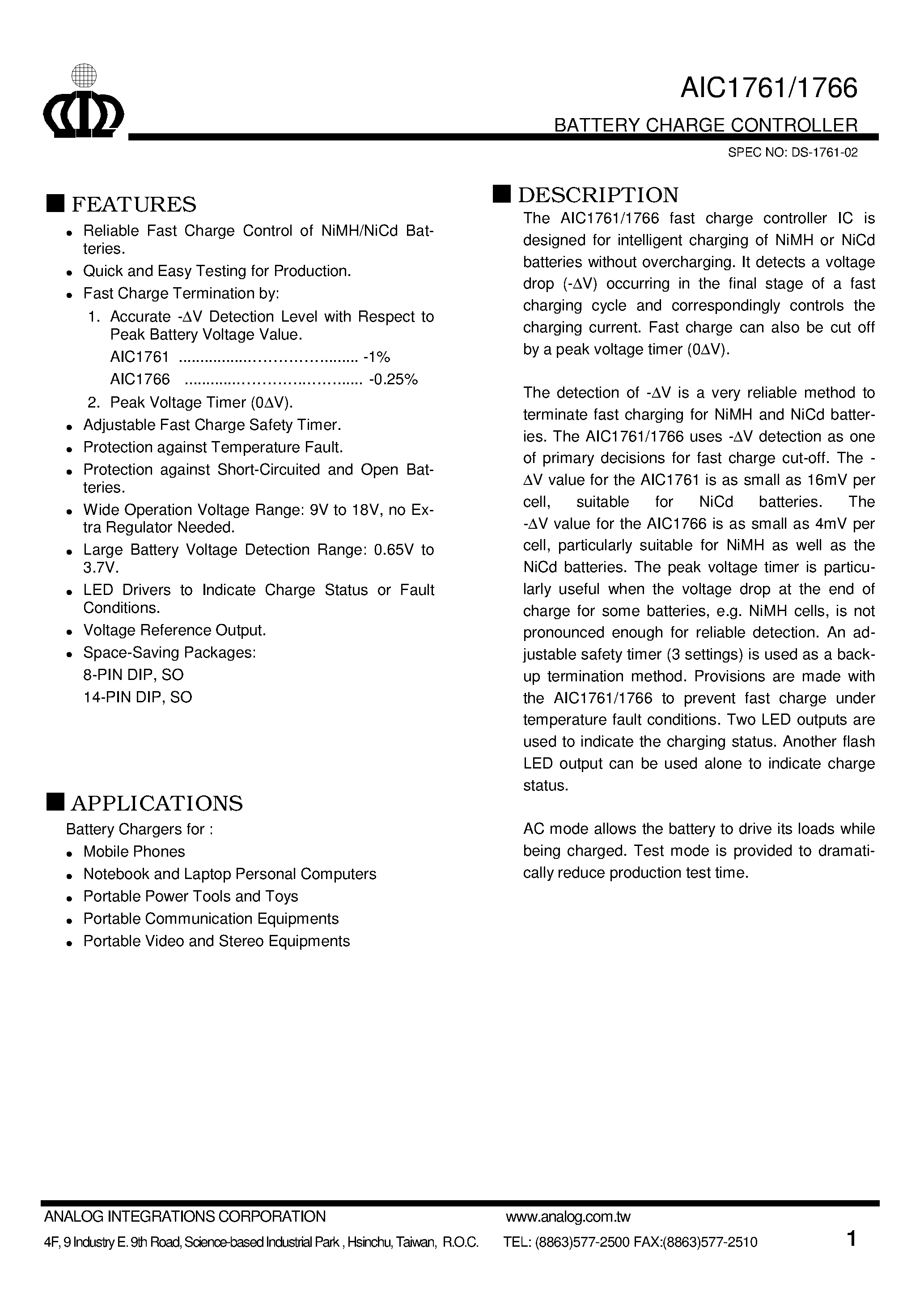 Datasheet AIC1766-CN14 page 1 Datasheet AIC1766-CN14 - BATTERY CHARGE CONTROLLER page 1
