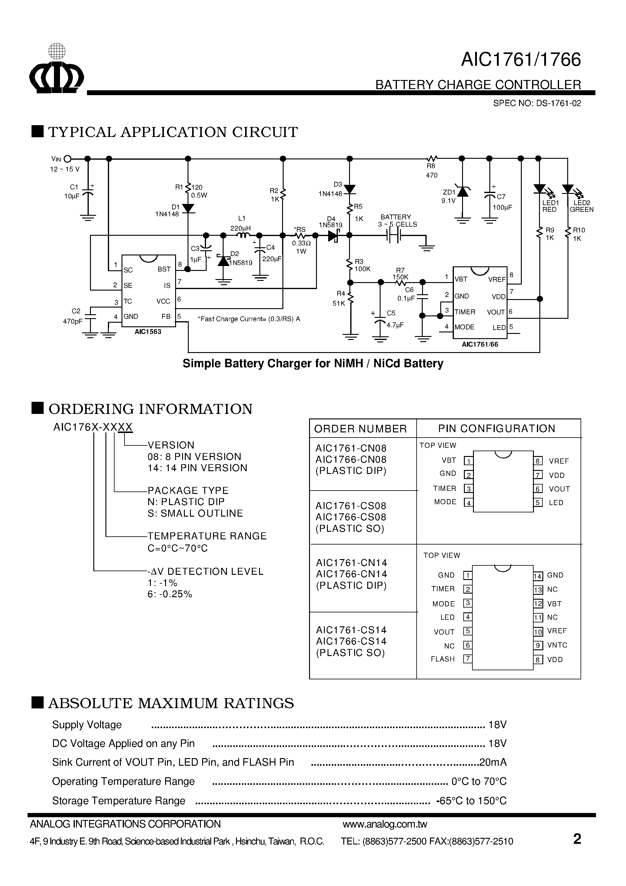 Datasheet AIC1766-CS14 page 2 Datasheet AIC1766-CS14 - BATTERY CHARGE CONTROLLER page 2