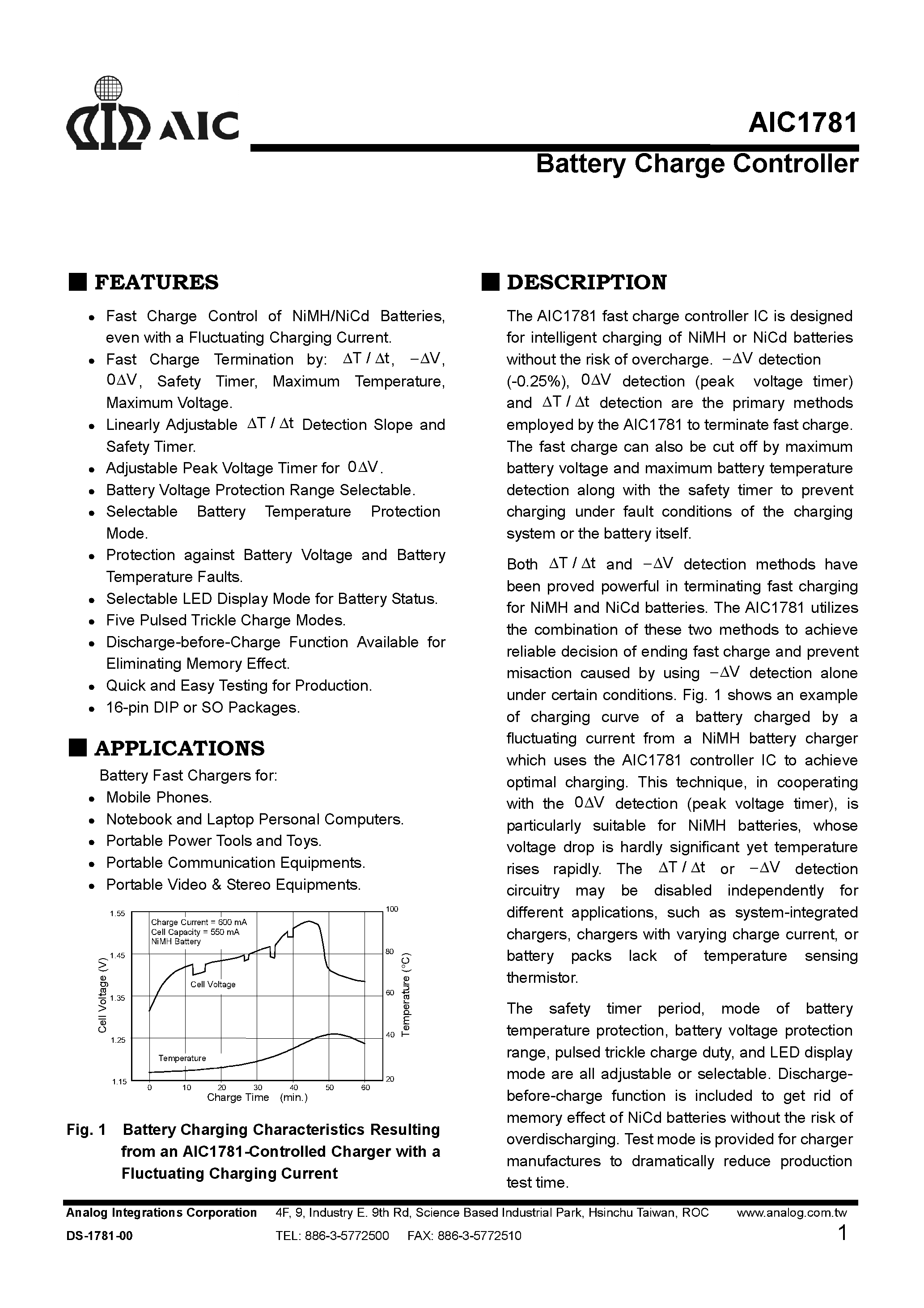 Datasheet AIC1781 page 1 Datasheet AIC1781 - Battery Charge Controller page 1