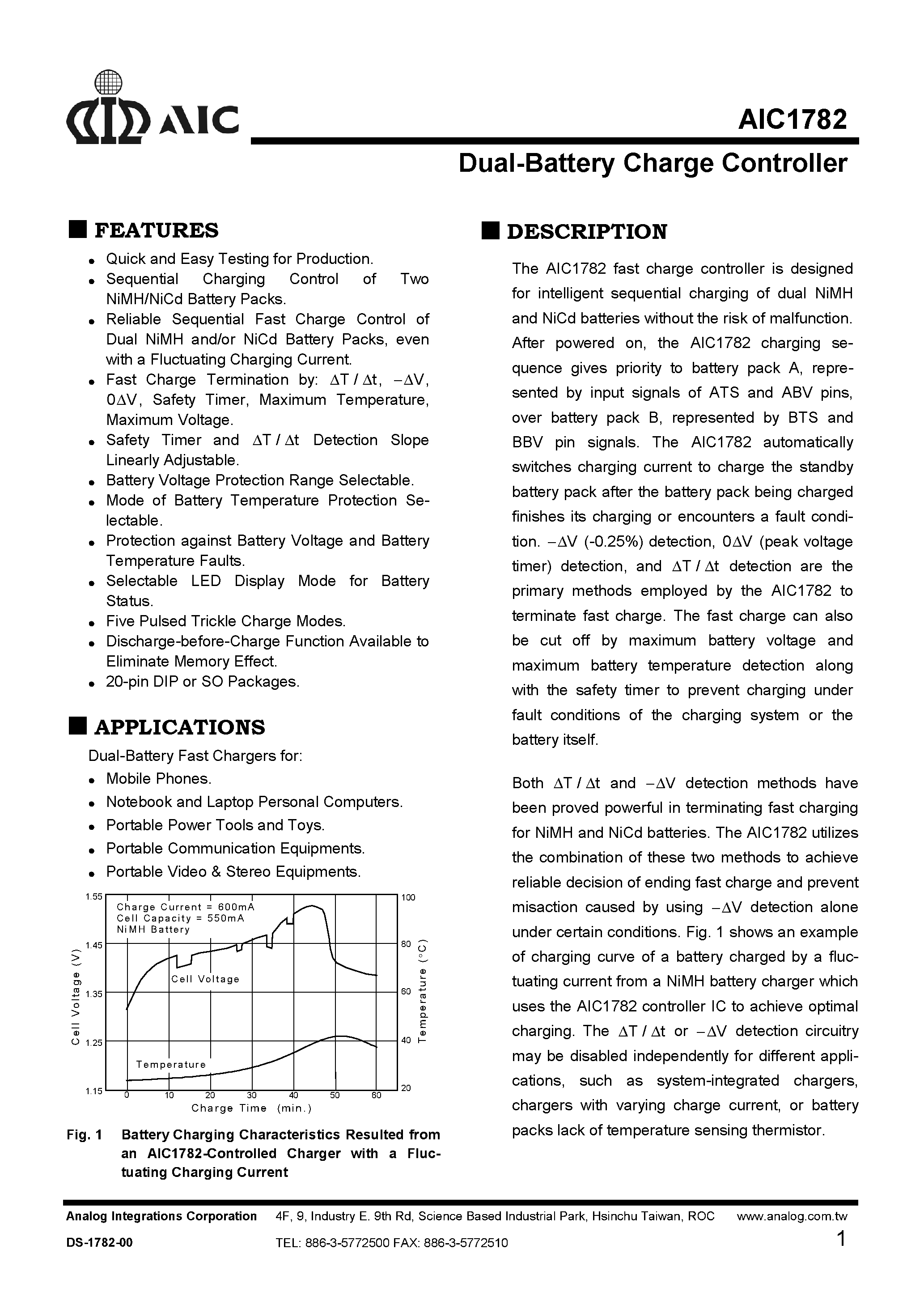 Datasheet AIC1782CS page 1 Datasheet AIC1782CS - Dual-Battery Charge Controller page 1