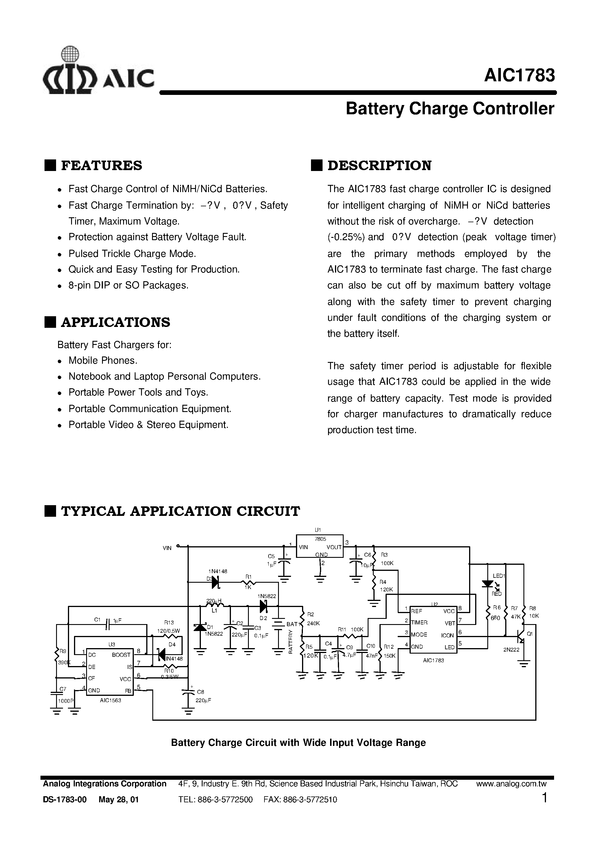 Datasheet AIC1783CN page 1 Datasheet AIC1783CN - Battery Charge Controller page 1