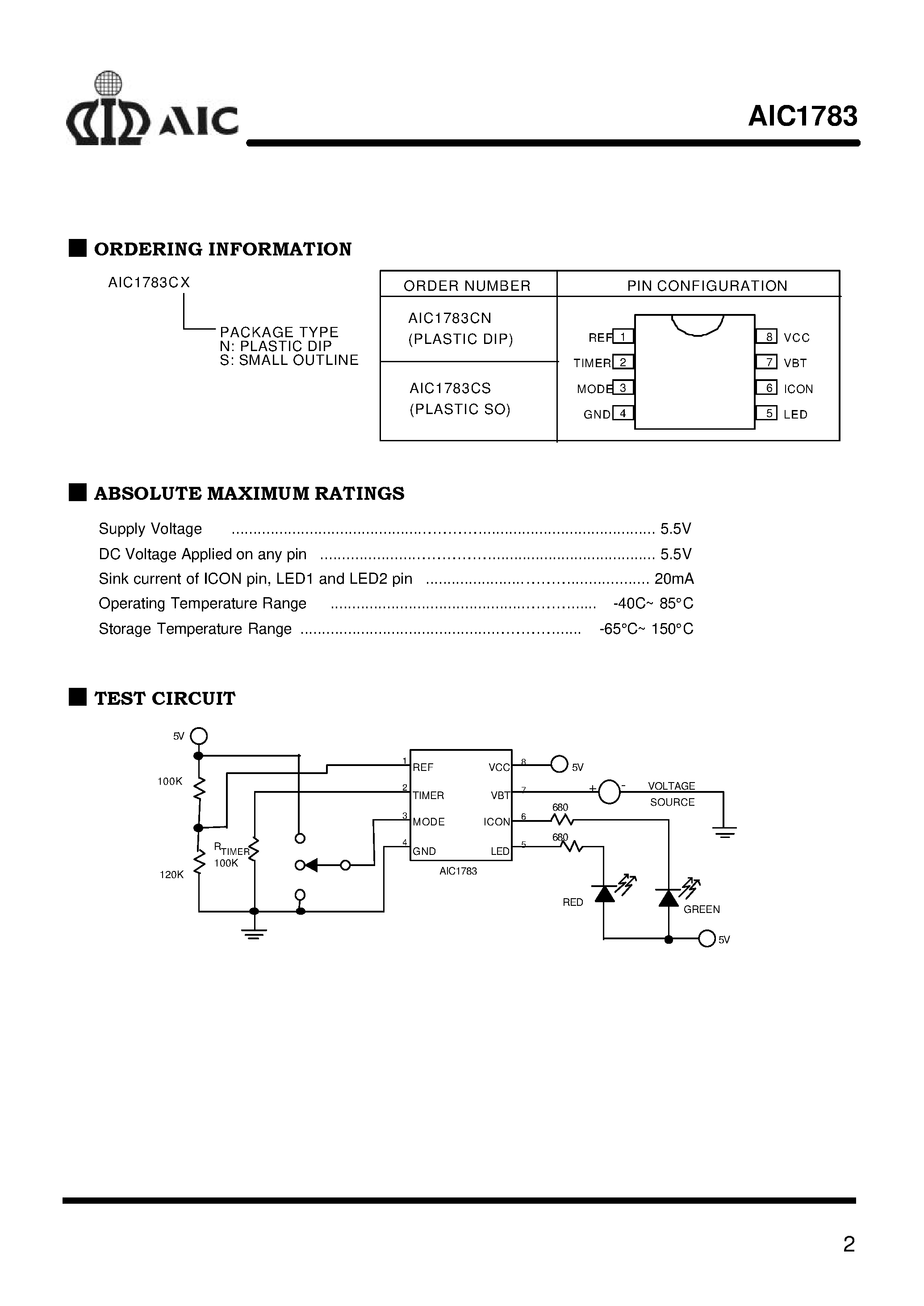 Datasheet AIC1783CN page 2 Datasheet AIC1783CN - Battery Charge Controller page 2