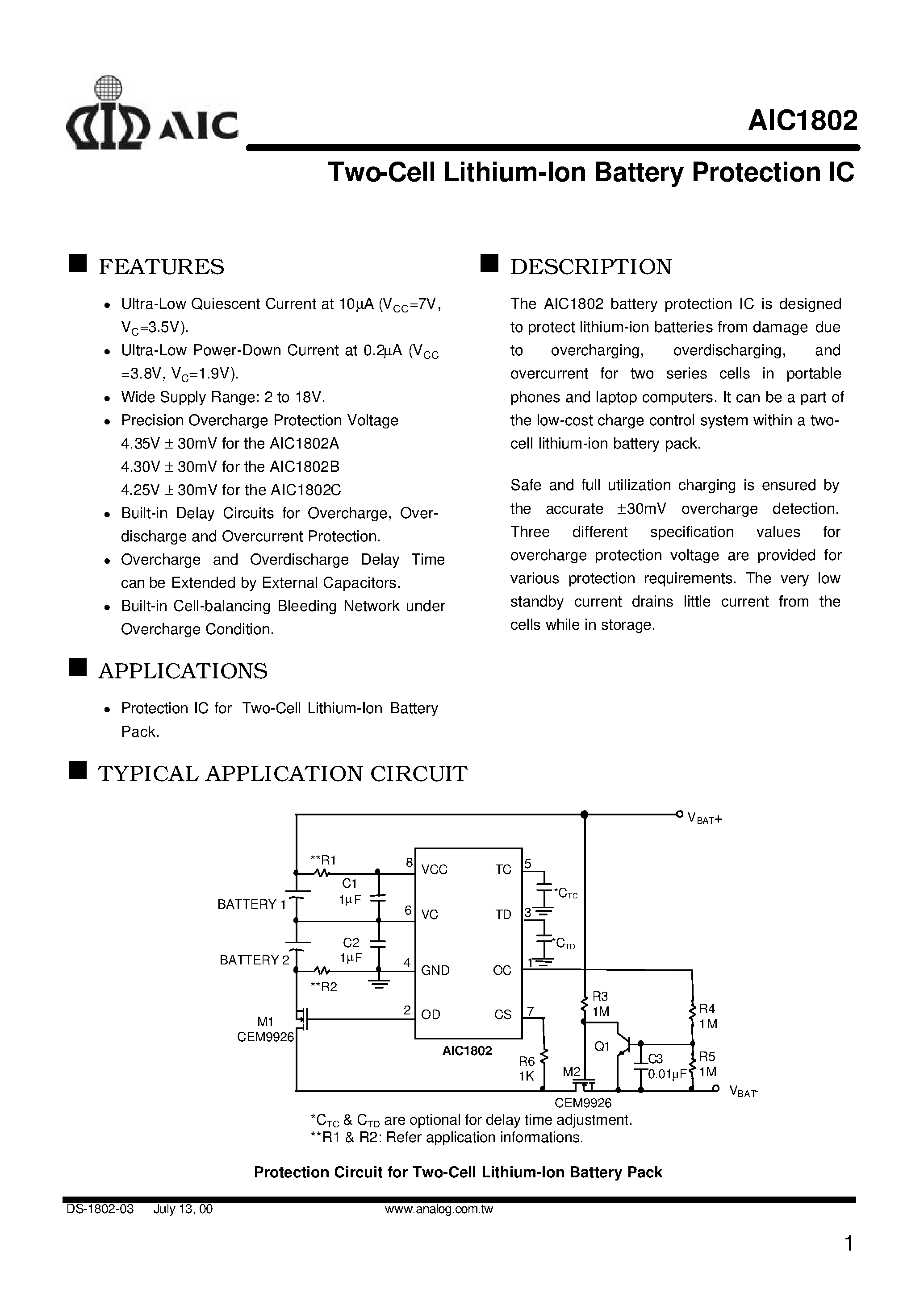 Datasheet AIC1802 page 1 Datasheet AIC1802 - Two-Cell Lithium-Ion Battery Protection IC page 1