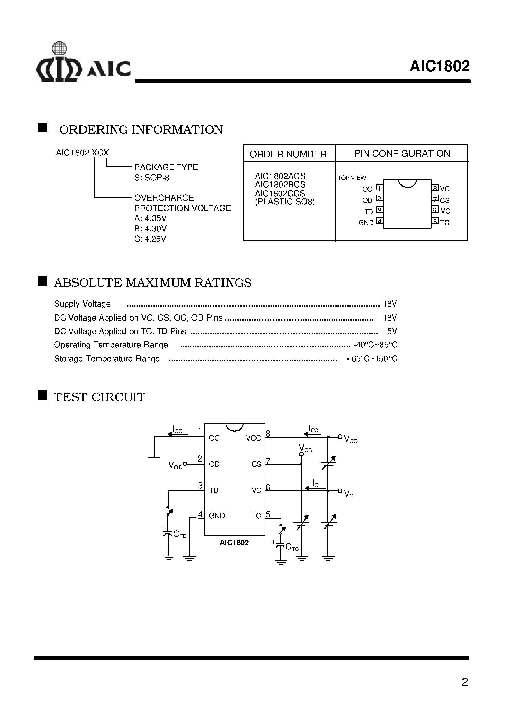 Datasheet AIC1802CCS page 2 Datasheet AIC1802CCS - Two-Cell Lithium-Ion Battery Protection IC page 2