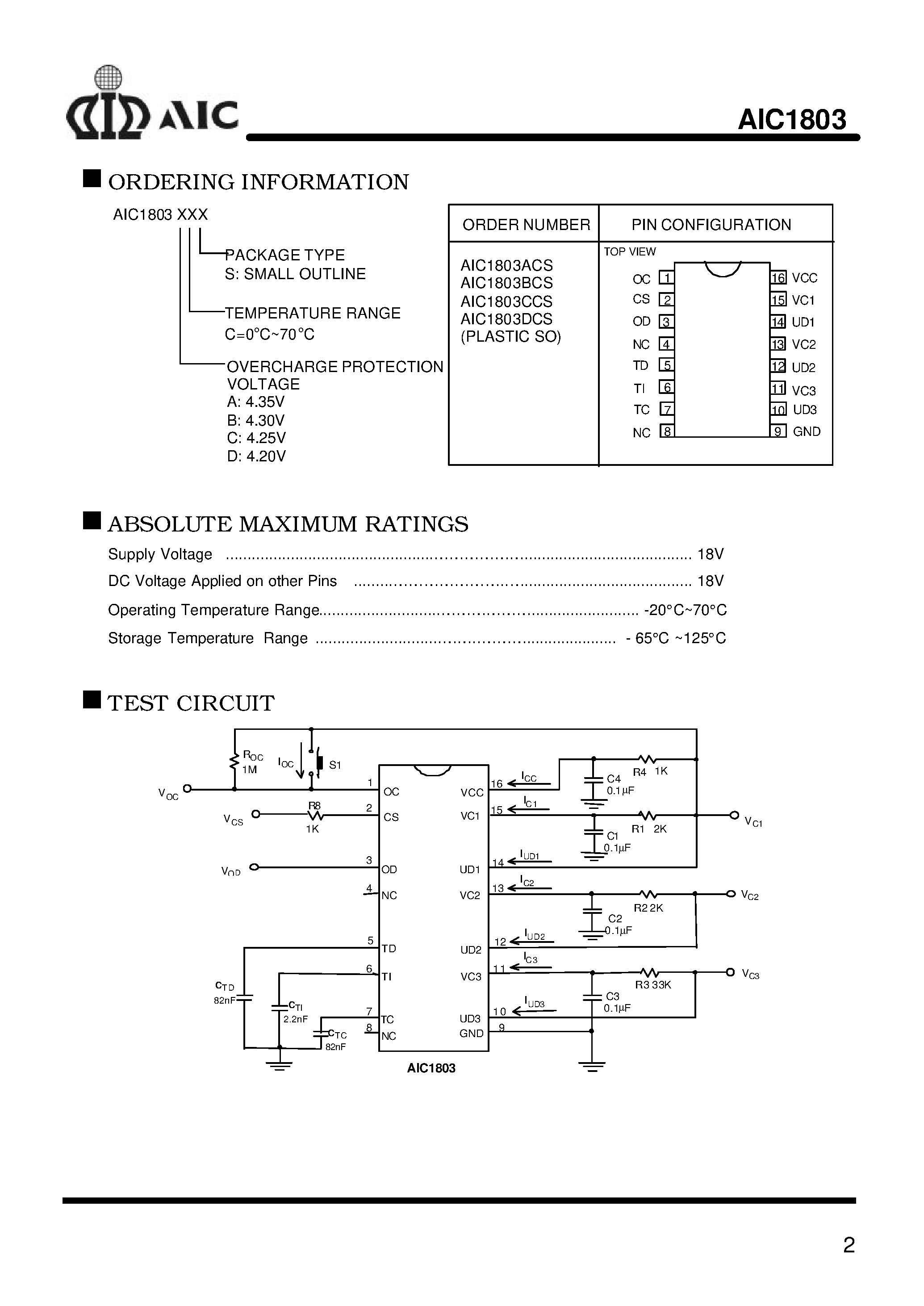 Datasheet AIC1803ACS page 2 Datasheet AIC1803ACS - Three-Cell Lithium-Ion Battery Protection IC page 2