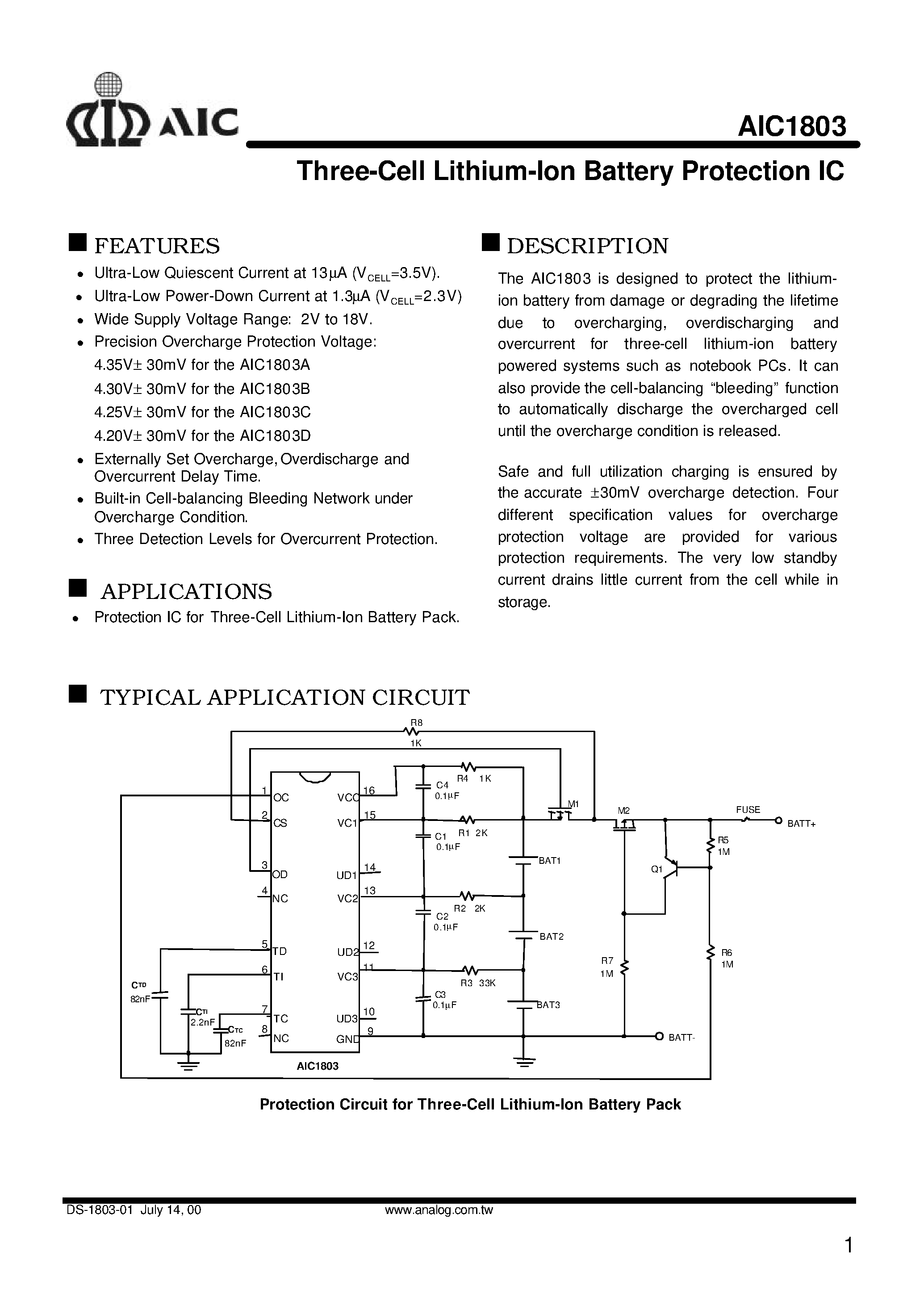Datasheet AIC1803BCS page 1 Datasheet AIC1803BCS - Three-Cell Lithium-Ion Battery Protection IC page 1