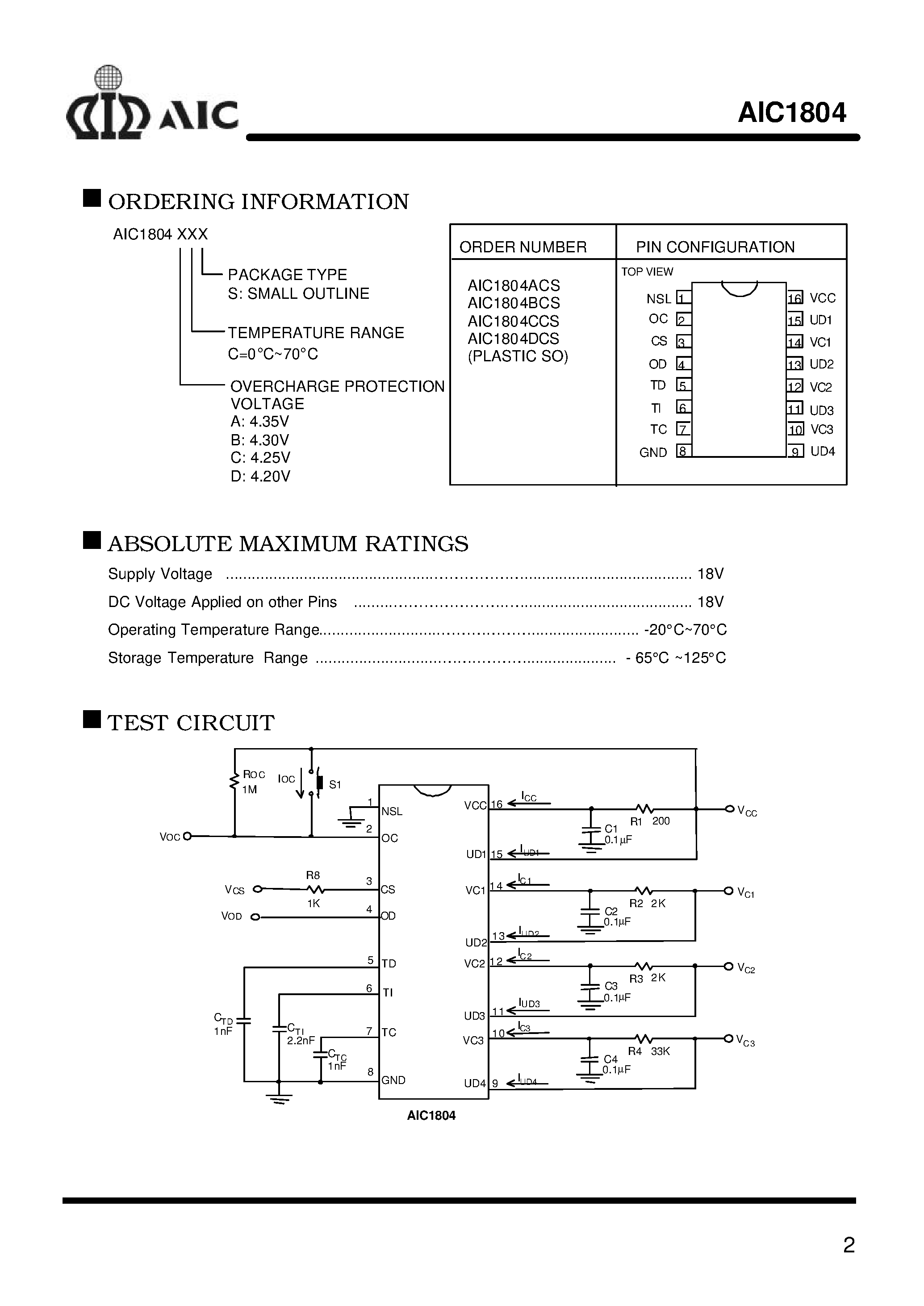 Datasheet AIC1804BCS - Three- Or Four-Cell Lithium-Ion Battery Protection IC page 2