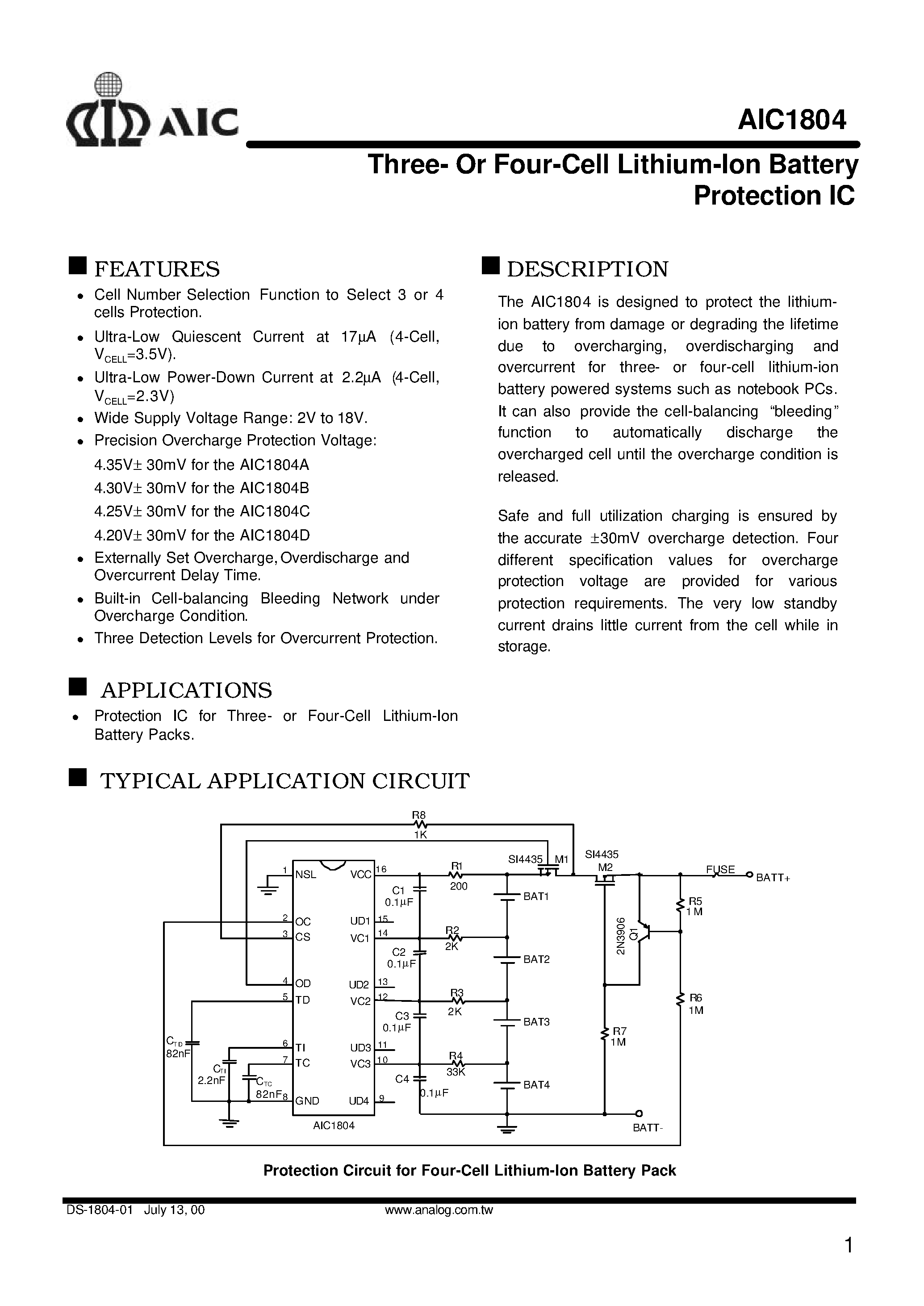 Datasheet AIC1804DCS page 1 Datasheet AIC1804DCS - Three- Or Four-Cell Lithium-Ion Battery Protection IC page 1