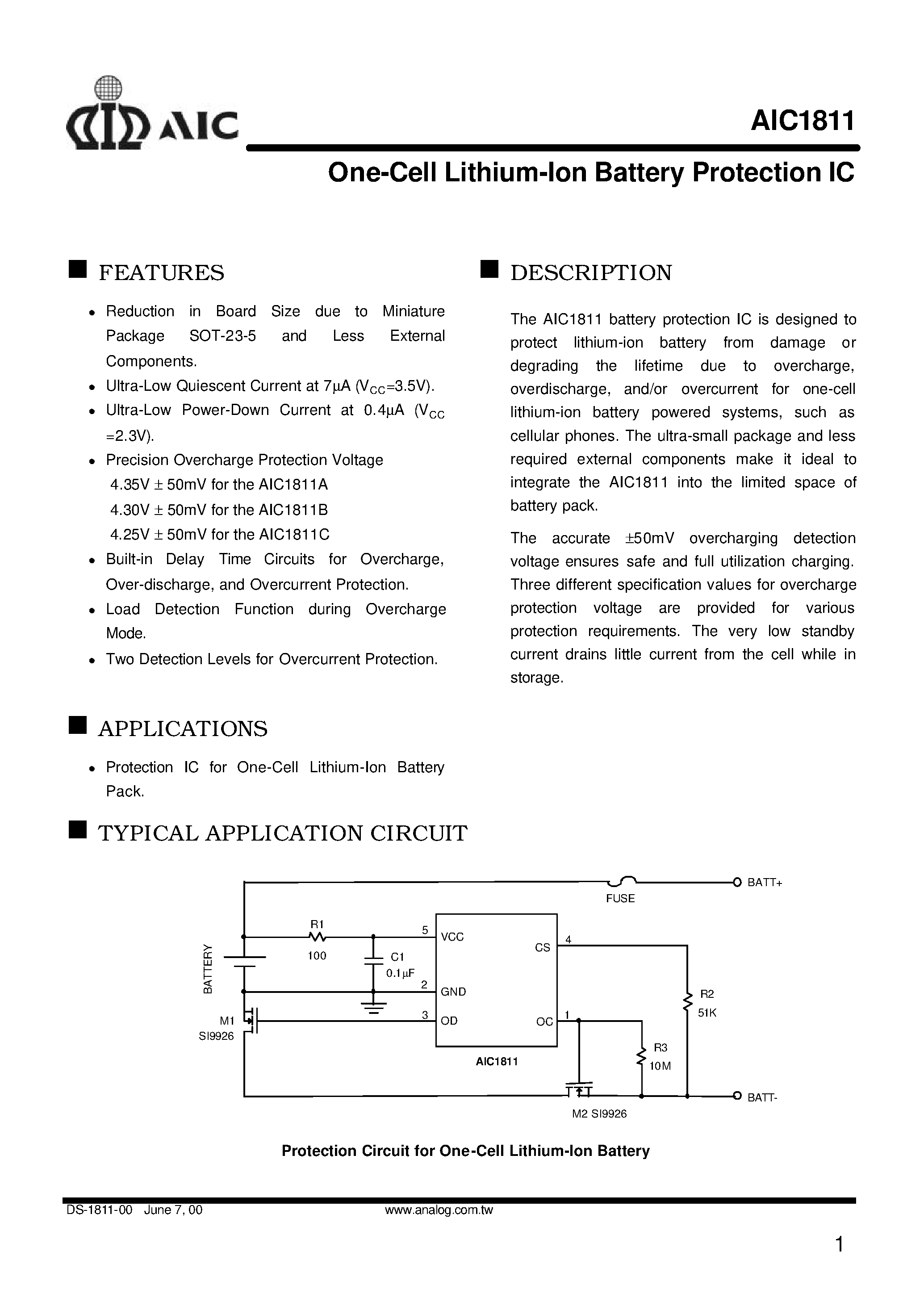 Datasheet AIC1811 page 1 Datasheet AIC1811 - One-Cell Lithium-Ion Battery Protection IC page 1
