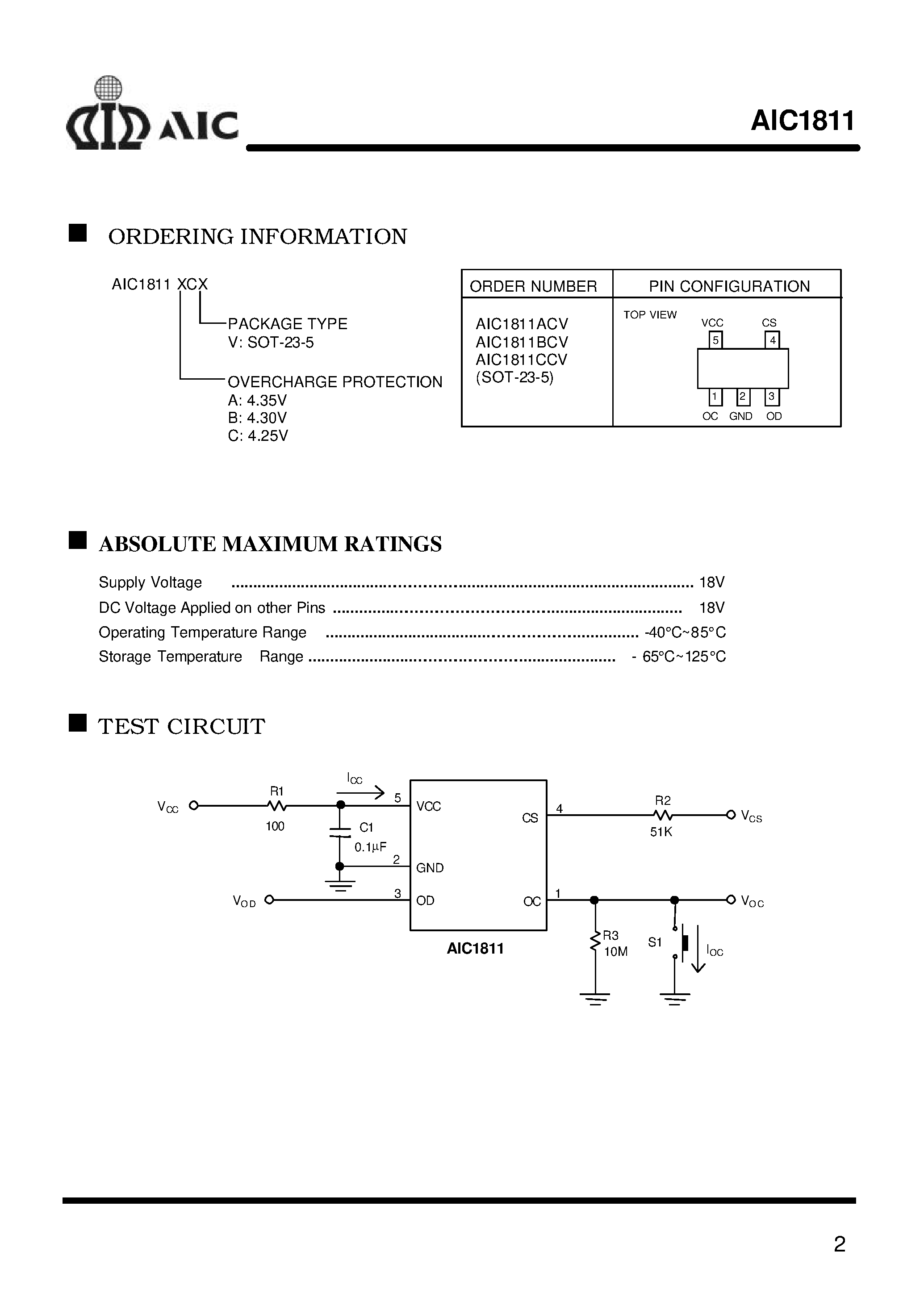 Datasheet AIC1811CCV page 2 Datasheet AIC1811CCV - One-Cell Lithium-Ion Battery Protection IC page 2