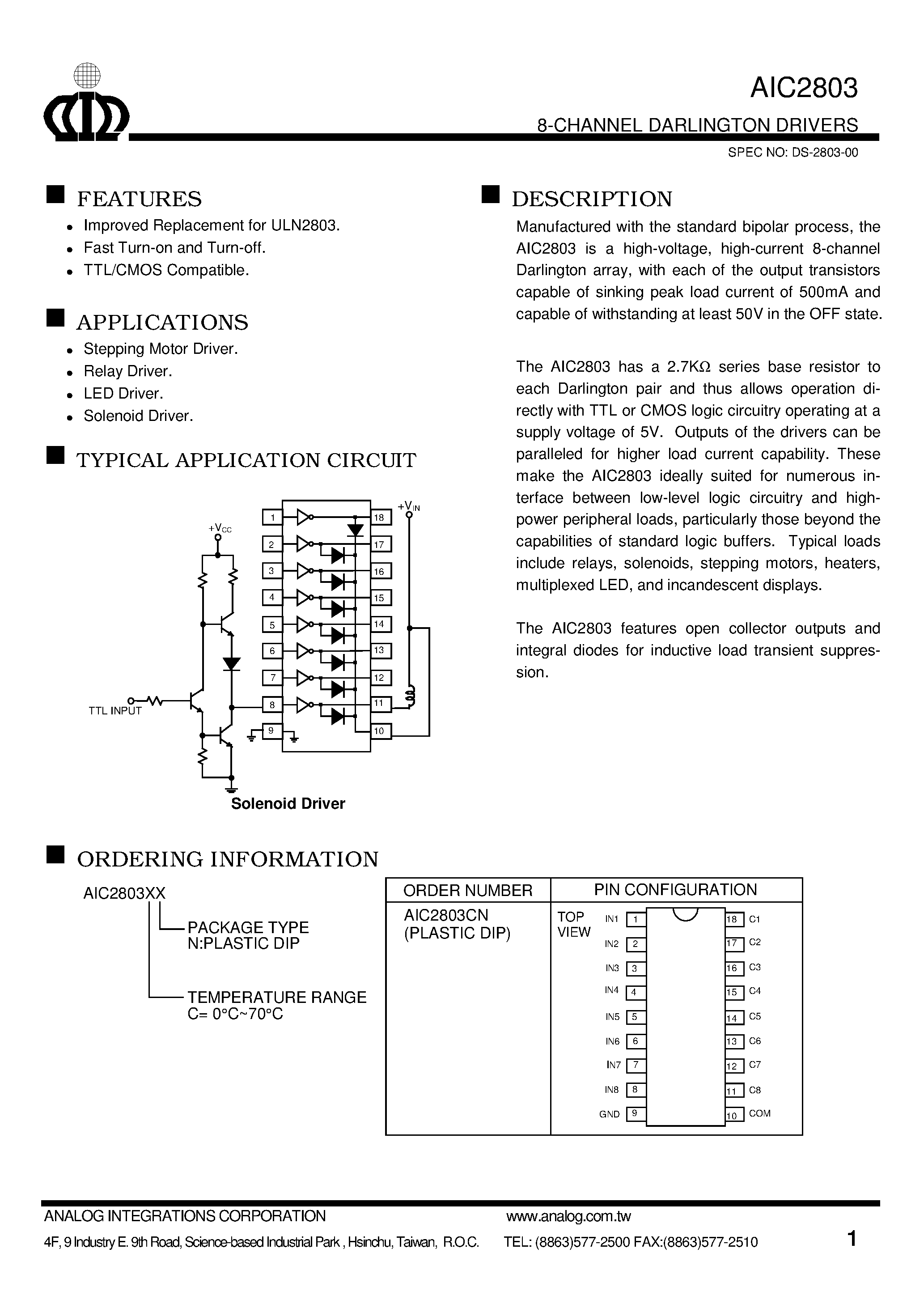Даташит на микросхему AIC2803 страница 1 Даташит AIC2803 - 8-CHANNEL DARLINGTON DRIVERS страница 1