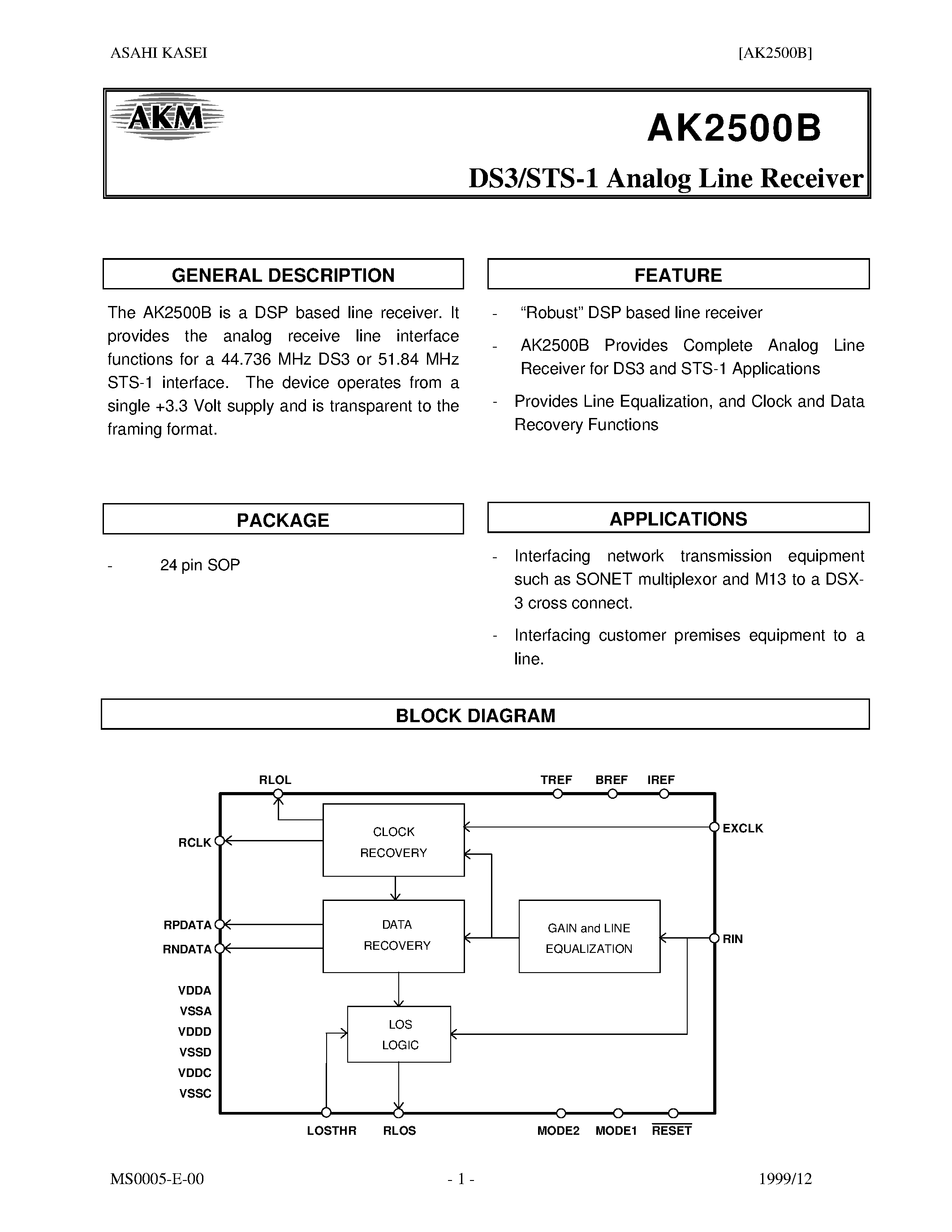 Даташит на микросхему AK2500B страница 1 Даташит AK2500B - DS3/STS-1 Analog Line Receiver страница 1