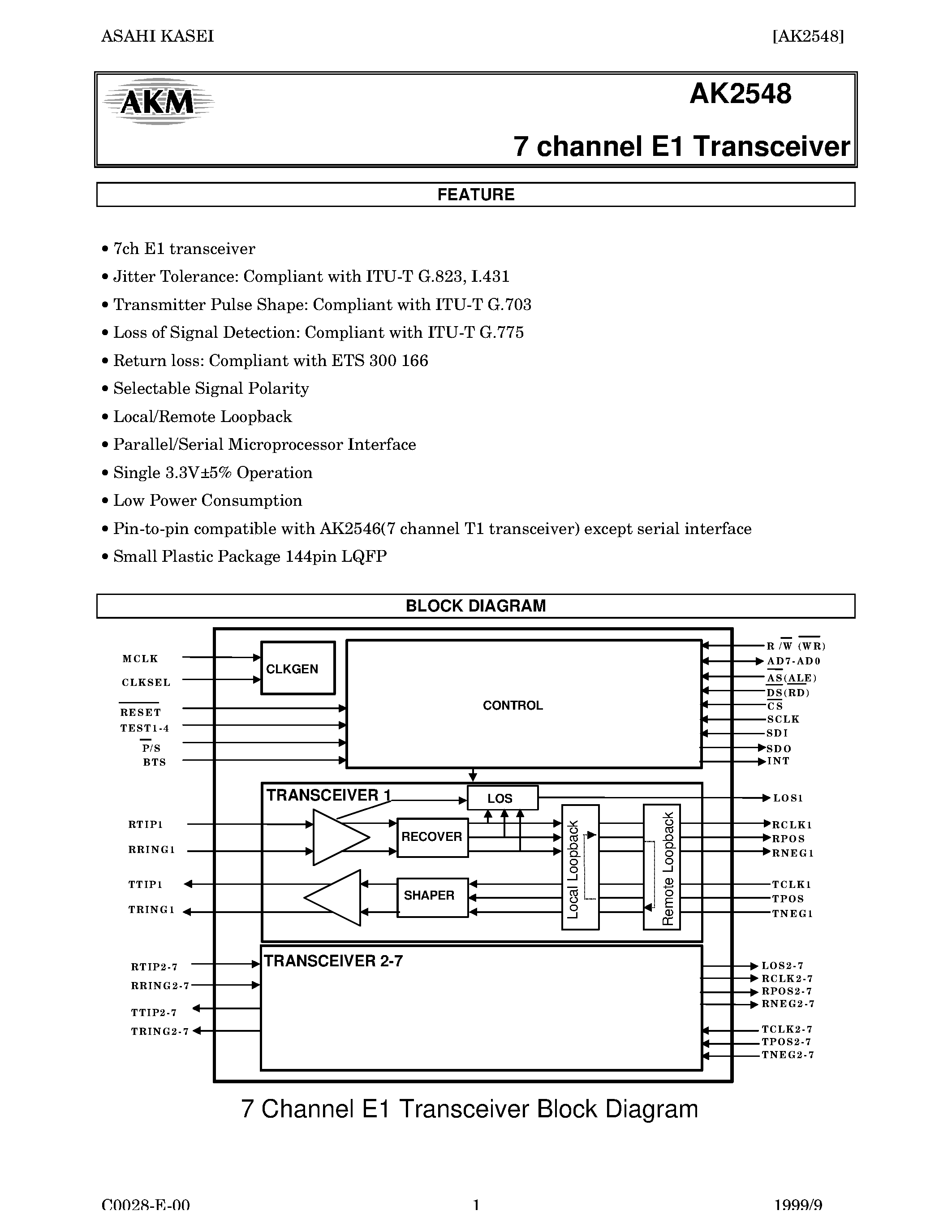 Datasheet AK2548 - 7 channel E1 Transceiver page 1
