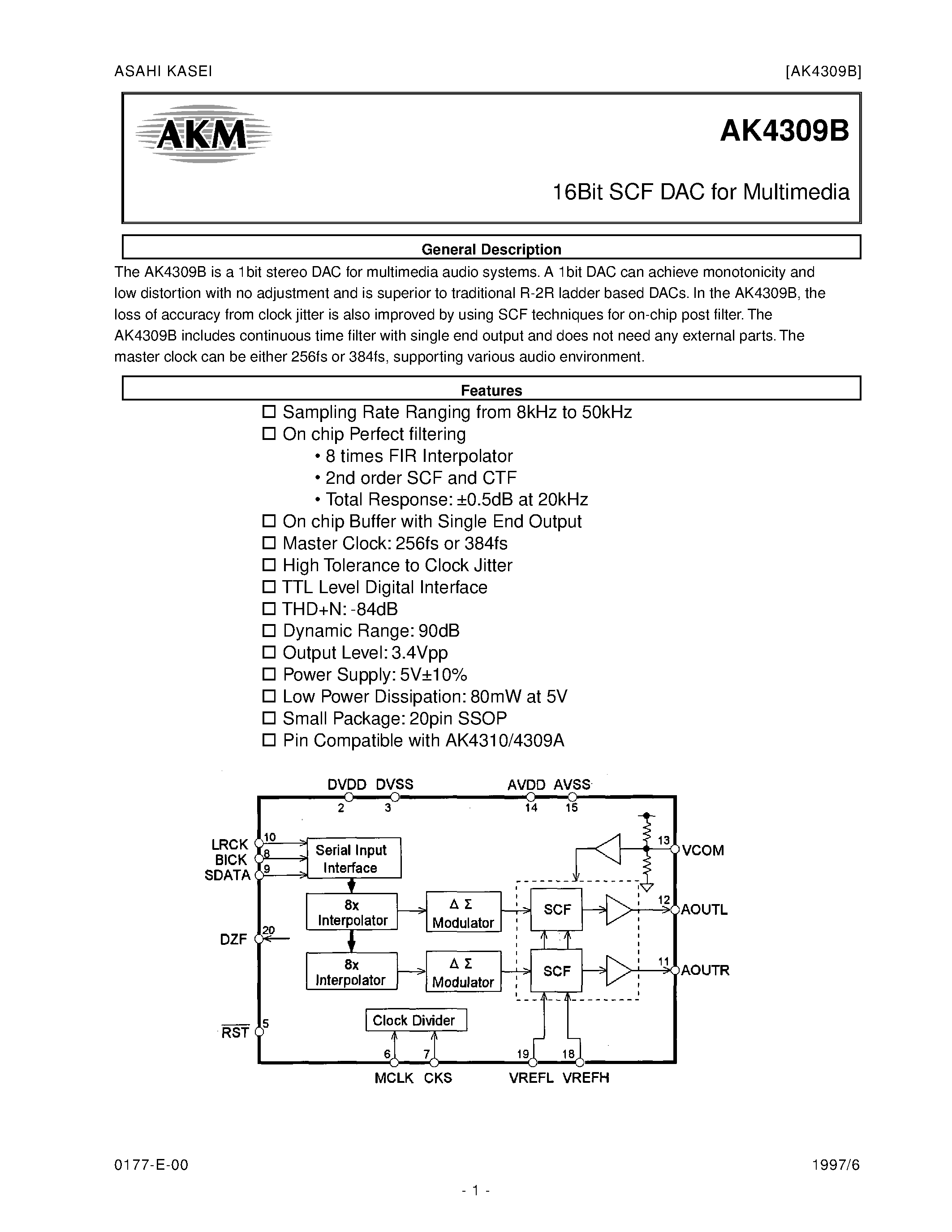 Datasheet AK4309BVM - 16BIT SCF DAC FOR MULTIMEDIA page 1