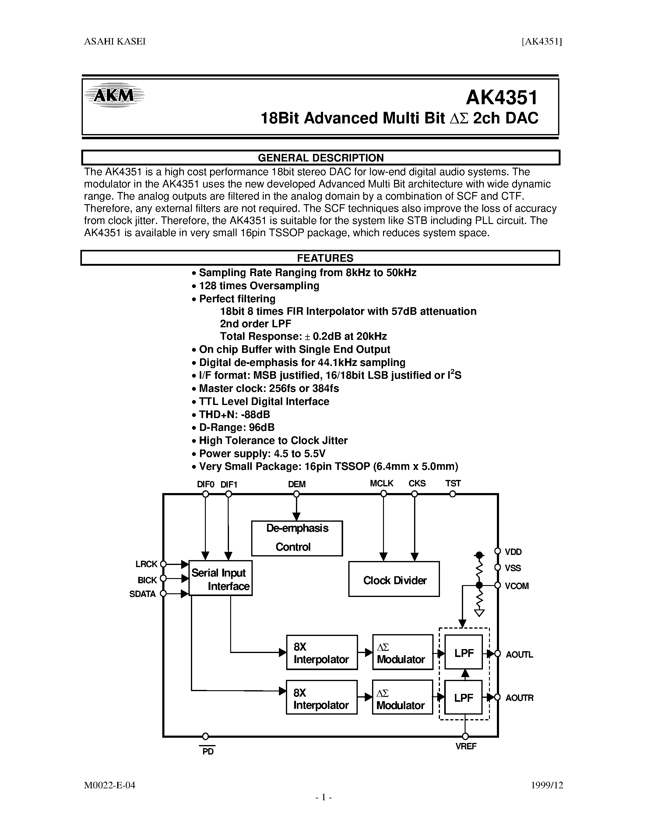 Datasheet AK4351 - 18 BIT ADVANCED MULTI BIT 2CH DAC page 1