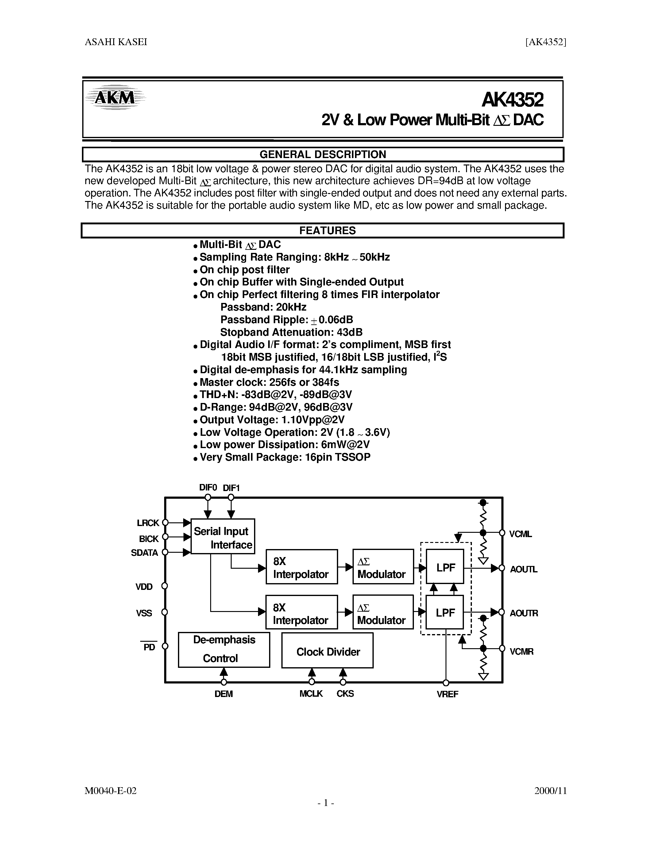 Даташит AK4352 - 2V & LOW POWER MULTI-BIT DAC страница 1