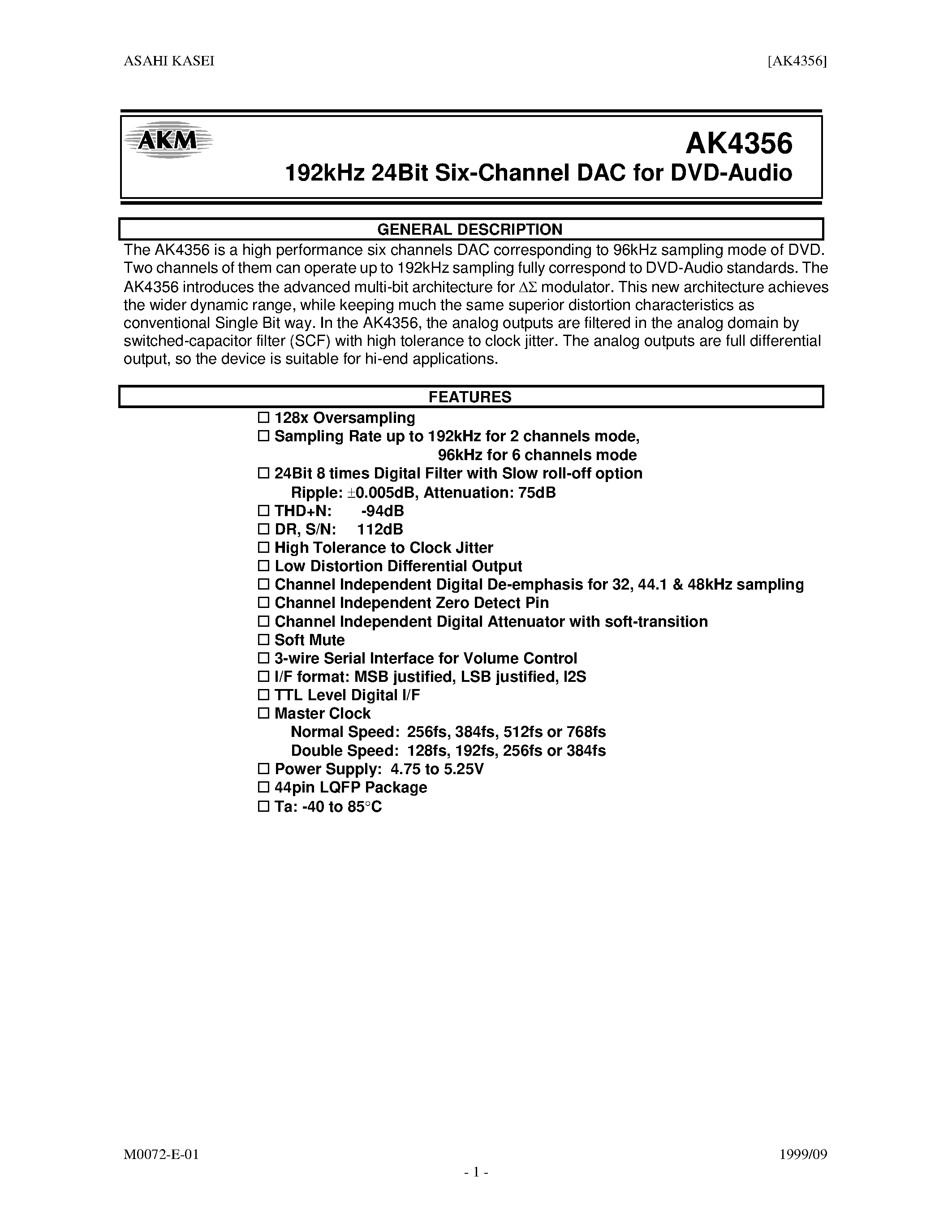 Datasheet AK4356VQ - 192kHz 24 Bit IX-CHANNEL DAC FOR DVD-AUDIO page 1