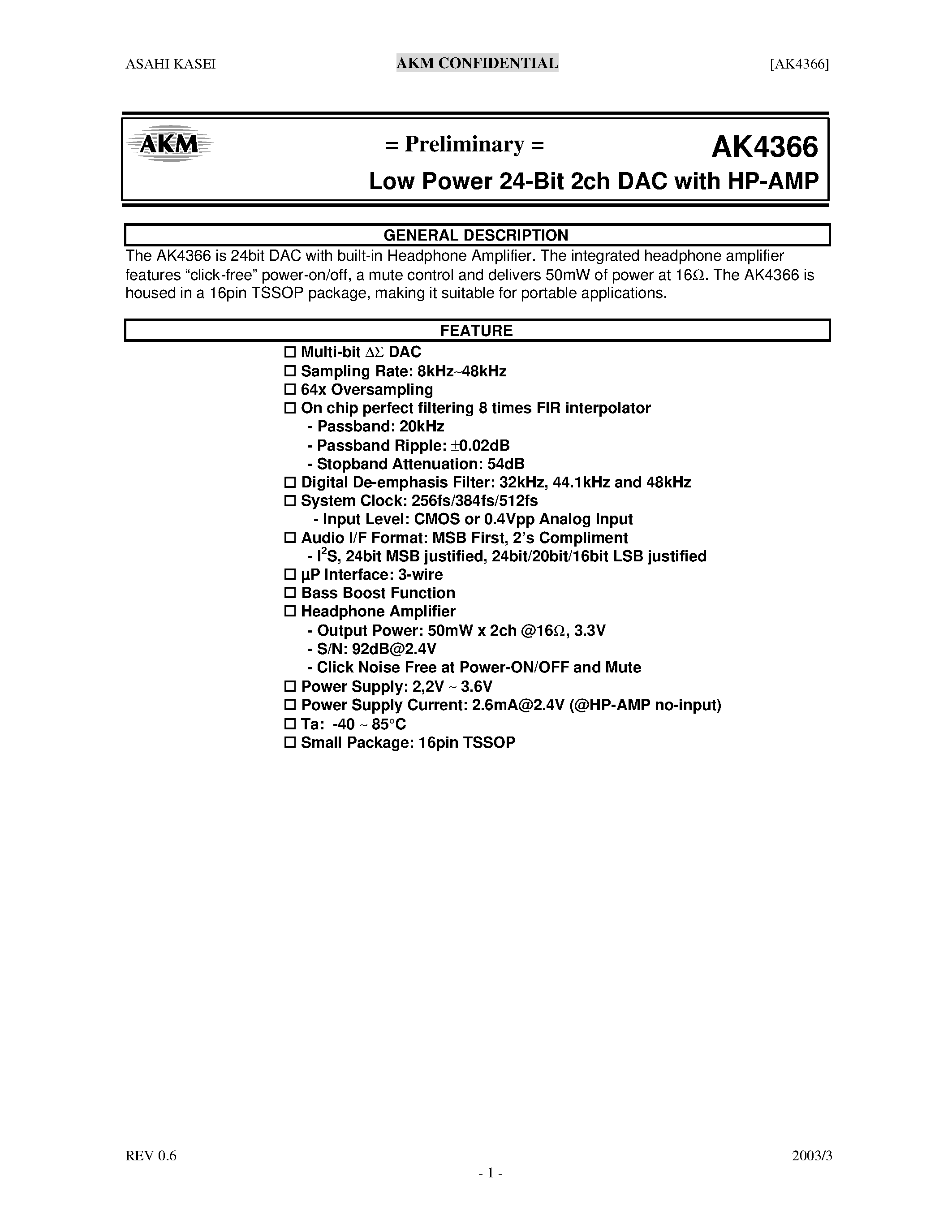 Datasheet AK4366 - Low Power 24-Bit 2ch DAC with HP-AMP page 1
