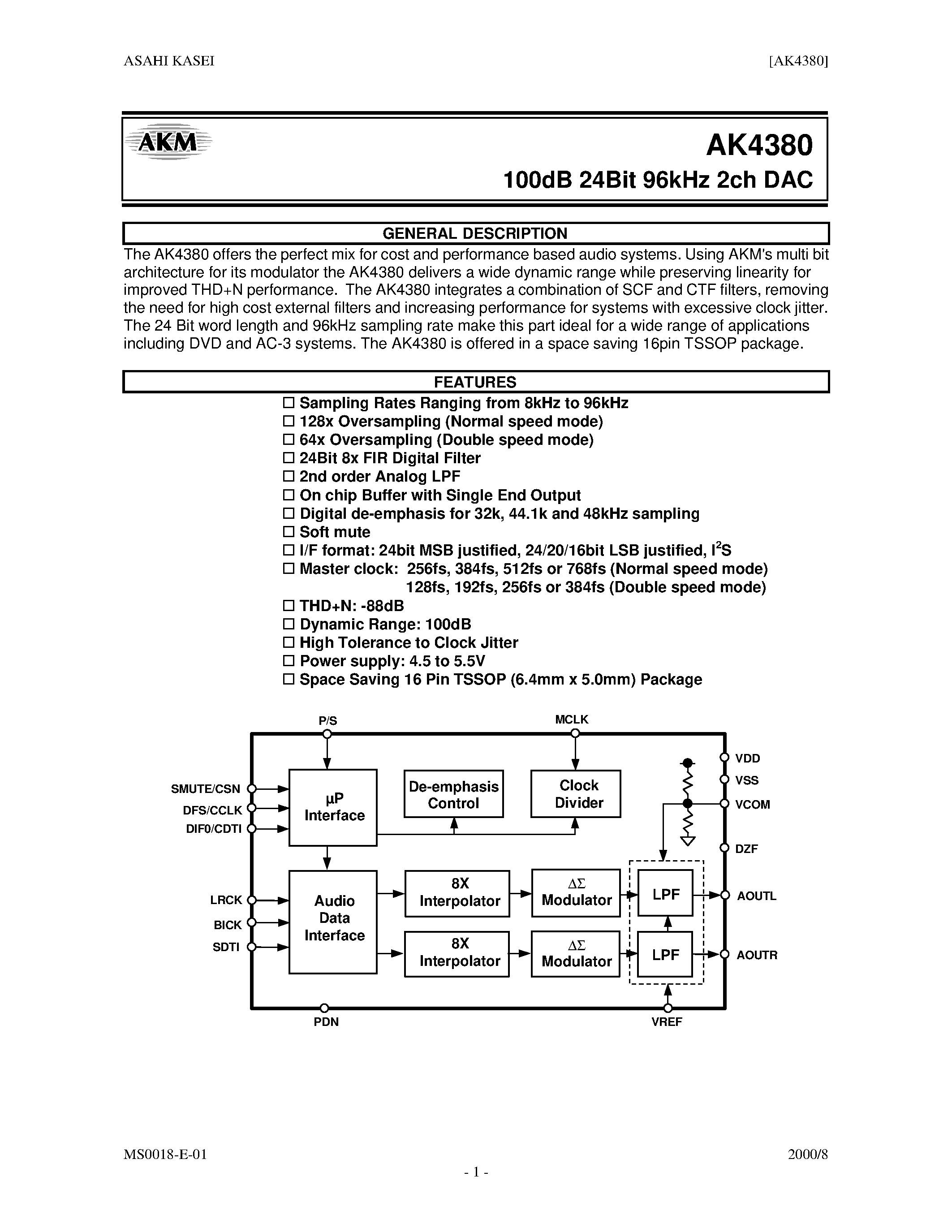 Datasheet AK4380VT - 100dB 24BIT 96kHz 2CH DAC page 1