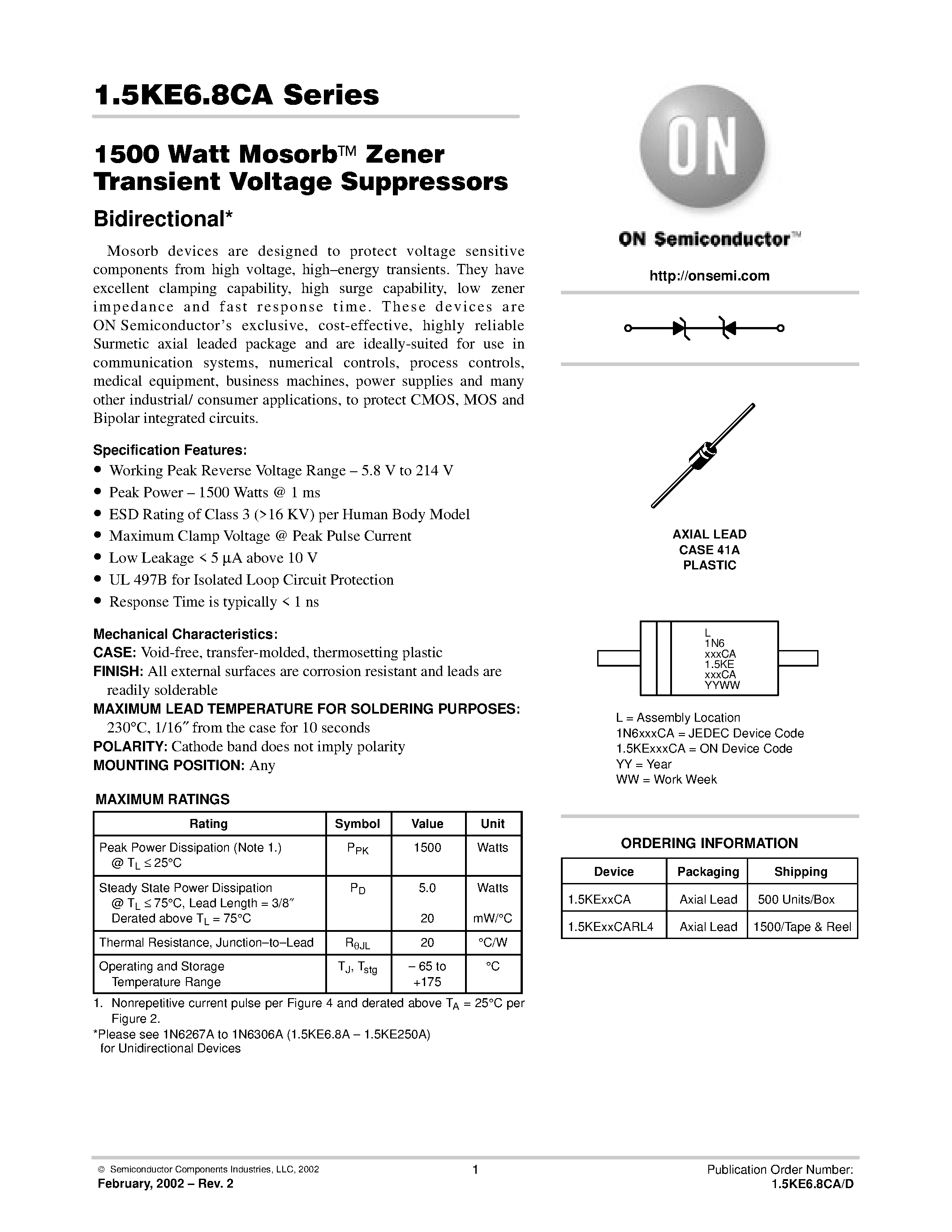 Datasheet 1.5KE100CA - 1500 Watt Mosorb Zener Transient Voltage Suppressors page 1