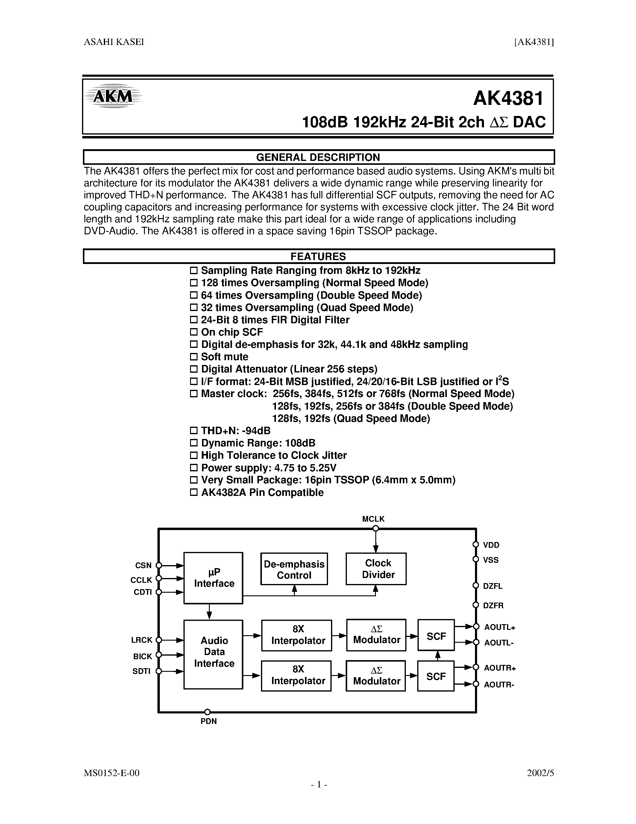 Datasheet AK4381VT - 108DB 192KHZ 24-BIT 2CH DAC page 1